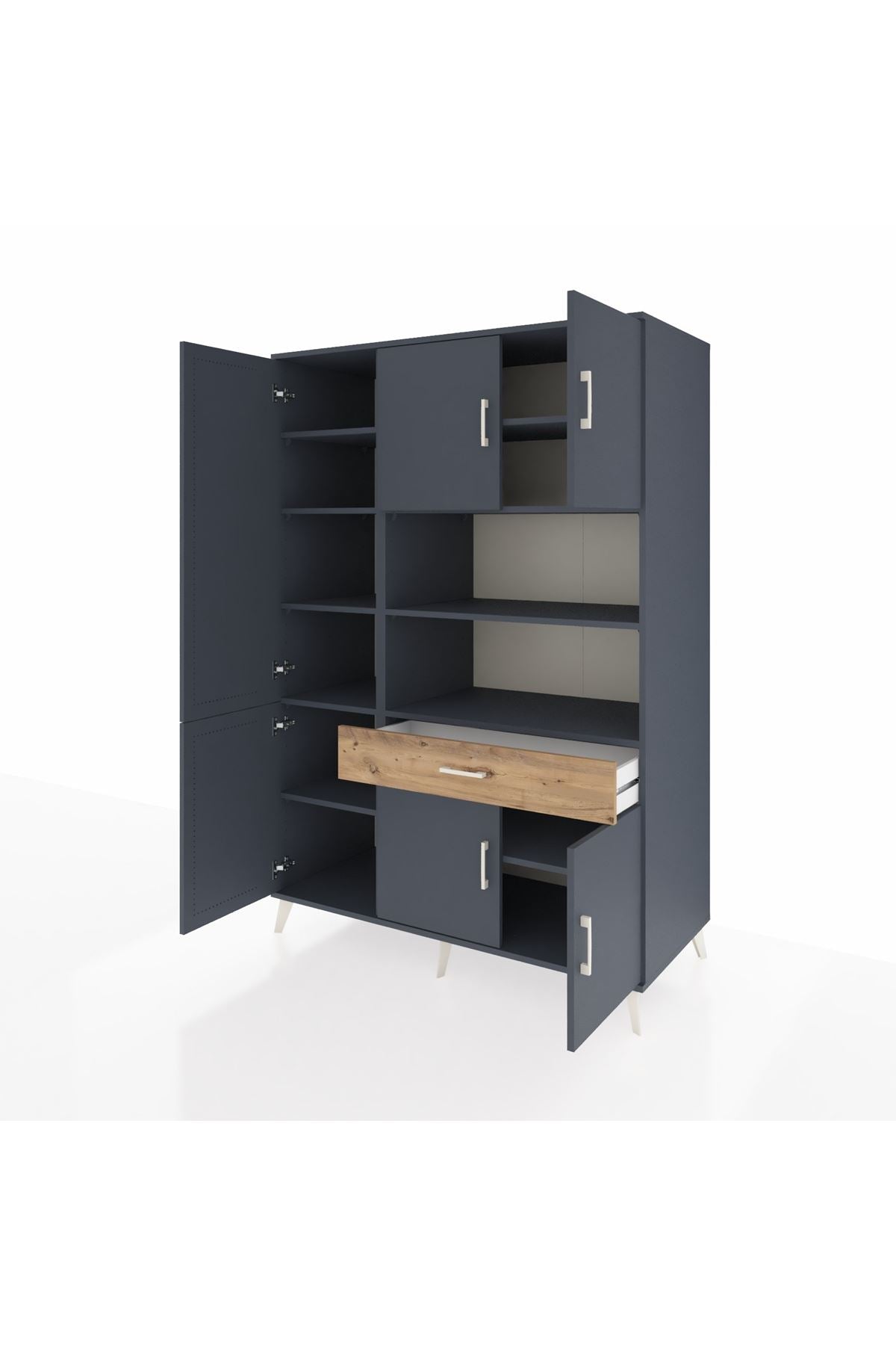 Kronos Dolap 10 Raflı Tek Çekmeceli 6 Kapaklı 132x59x195 Antrasit-Antrasit/Çam