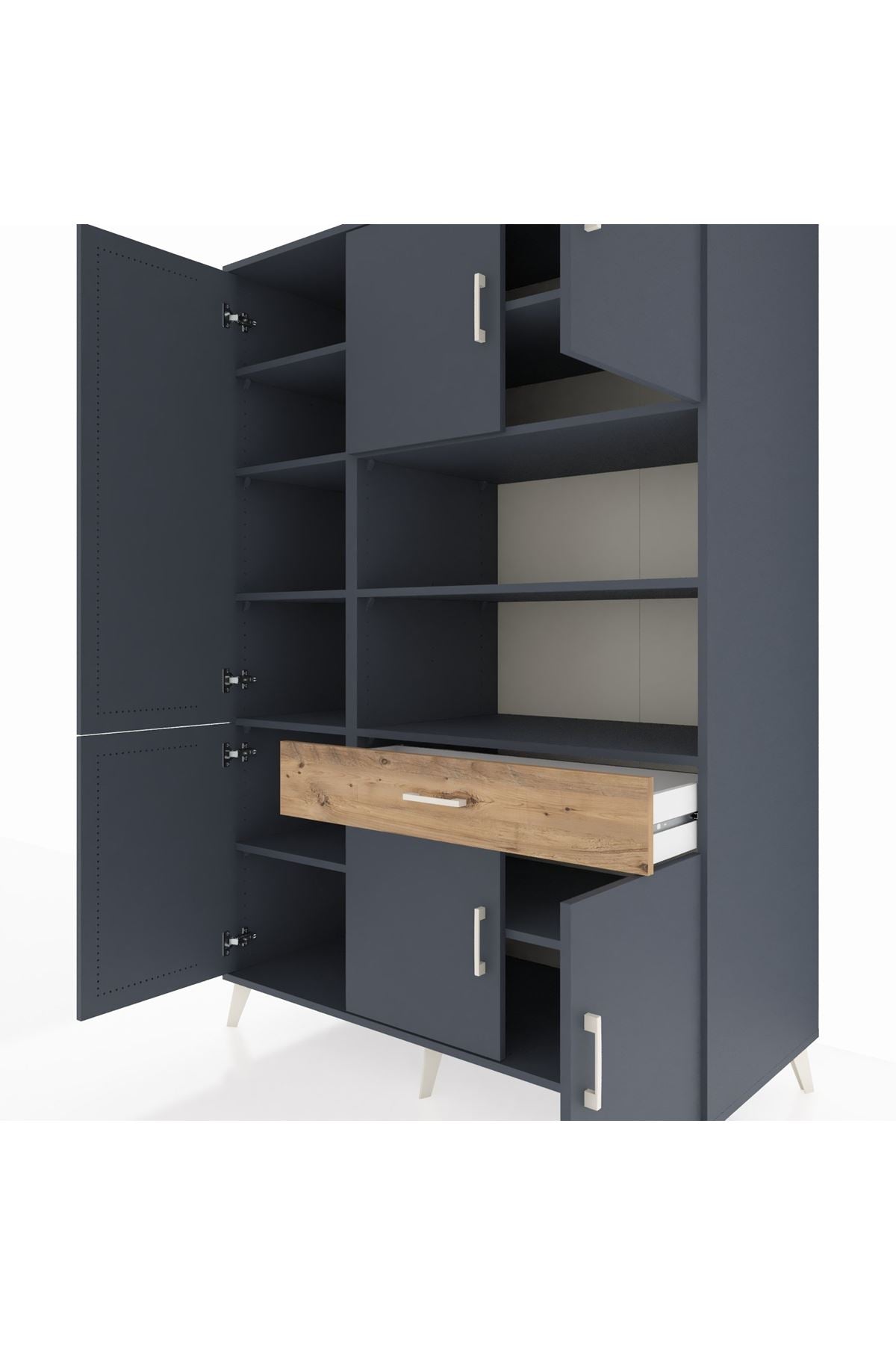 Kronos Dolap 10 Raflı Tek Çekmeceli 6 Kapaklı 132x59x195 Antrasit-Antrasit/Çam