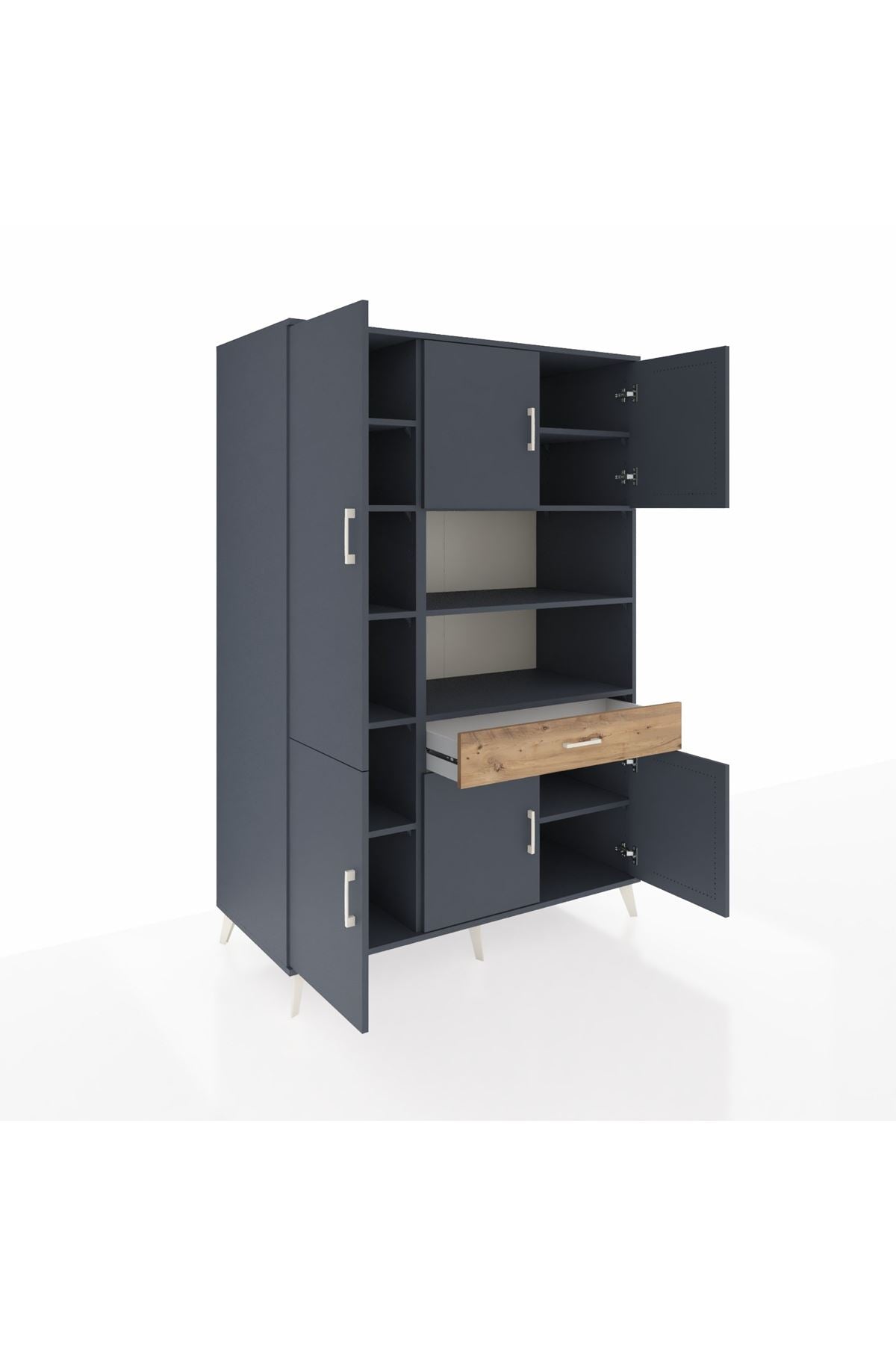 Kronos Dolap 10 Raflı Tek Çekmeceli 6 Kapaklı 132x59x195 Antrasit-Antrasit/Çam