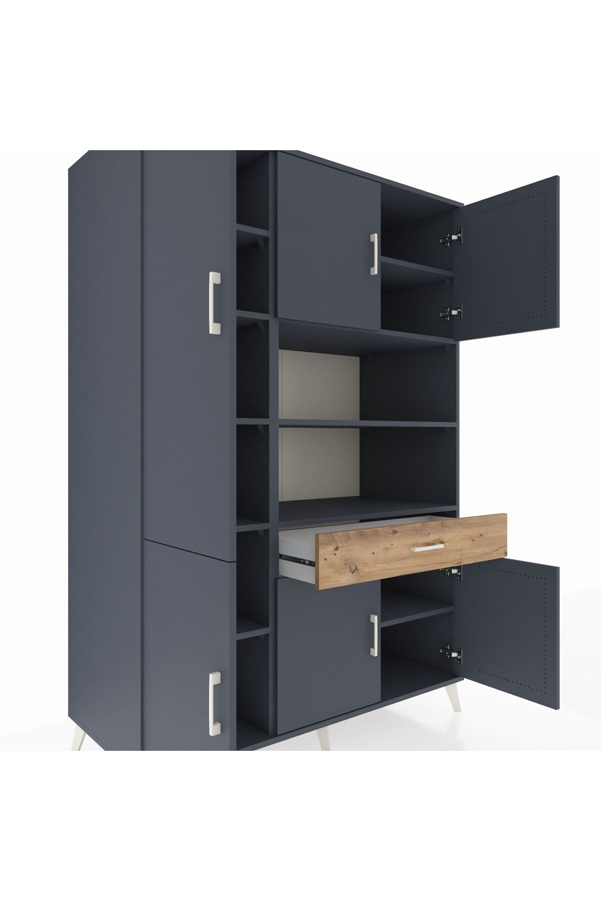 Kronos Dolap 10 Raflı Tek Çekmeceli 6 Kapaklı 132x59x195 Antrasit-Antrasit/Çam