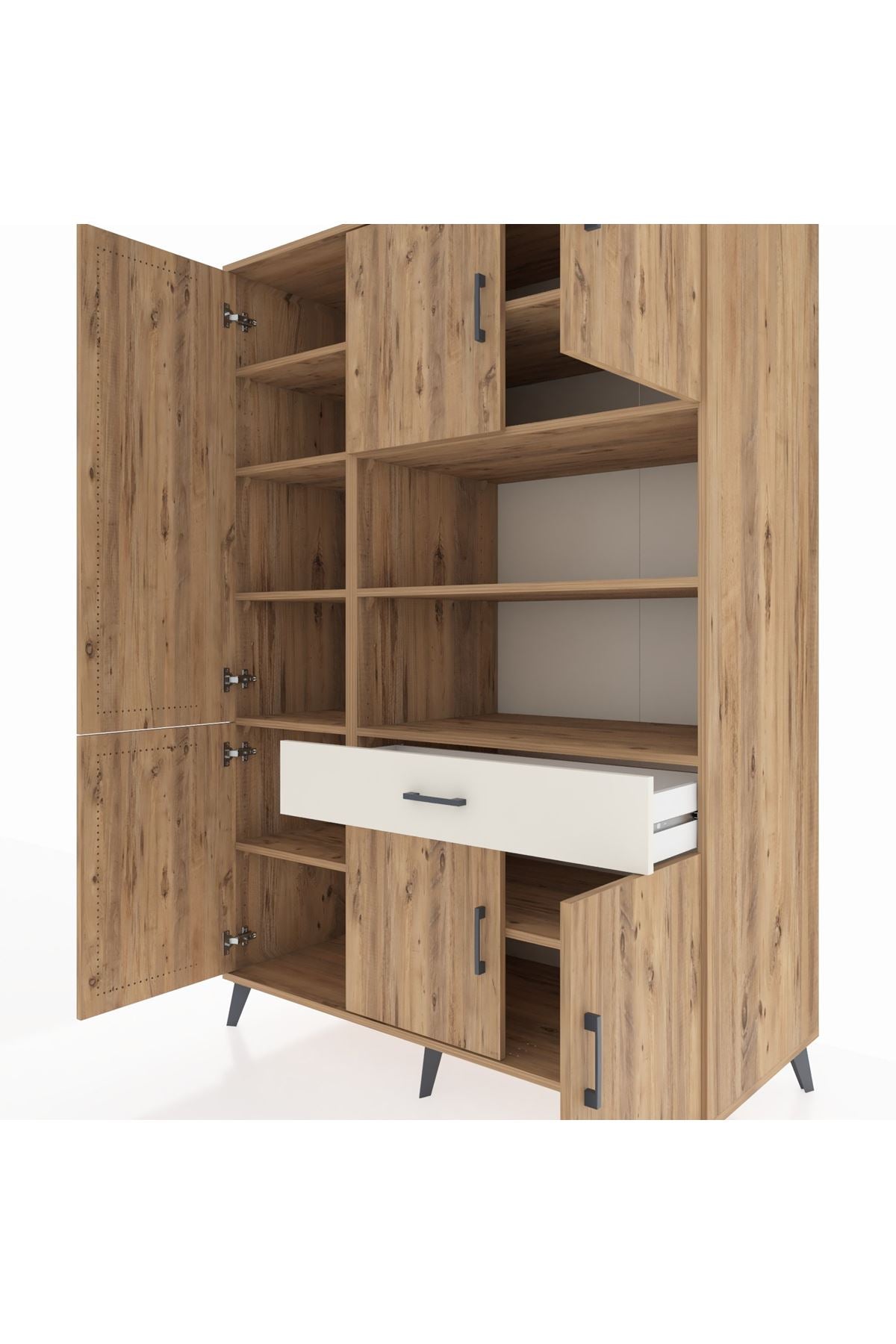 Kronos Dolap 10 Raflı Tek Çekmeceli 6 Kapaklı 132x59x195 Çam-Çam/Aytaşı