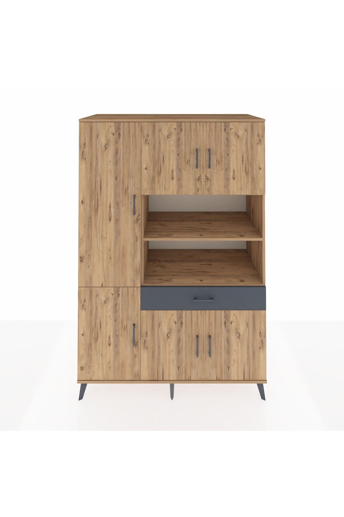 Kronos Dolap 10 Raflı Tek Çekmeceli 6 Kapaklı 132x59x195 Çam-Çam/Antrasit