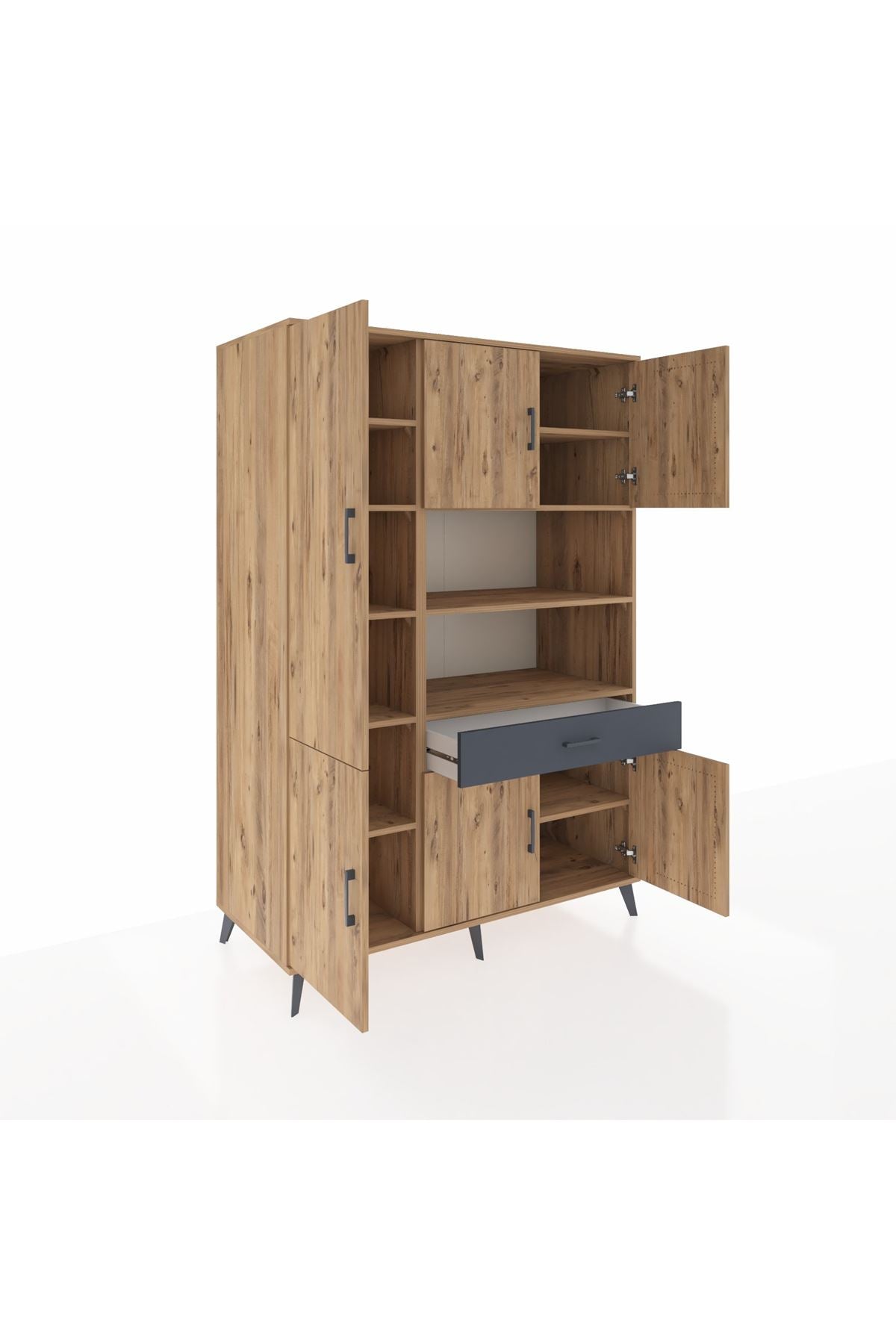 Kronos Dolap 10 Raflı Tek Çekmeceli 6 Kapaklı 132x59x195 Çam-Çam/Antrasit