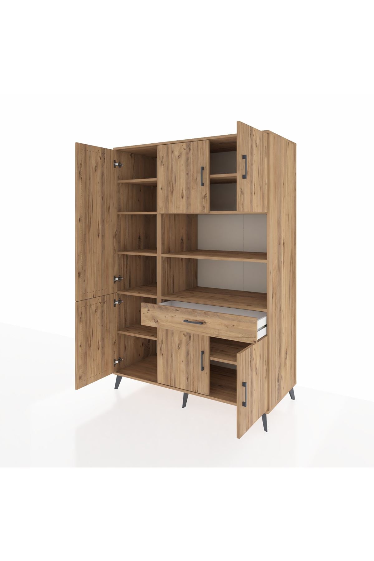 Kronos Dolap 10 Raflı Tek Çekmeceli 6 Kapaklı 132x59x195 Çam-Çam/Çam