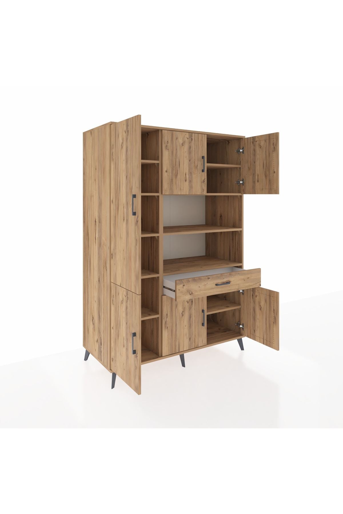 Kronos Dolap 10 Raflı Tek Çekmeceli 6 Kapaklı 132x59x195 Çam-Çam/Çam