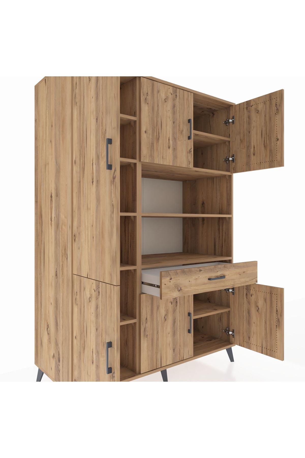 Kronos Dolap 10 Raflı Tek Çekmeceli 6 Kapaklı 132x59x195 Çam-Çam/Çam