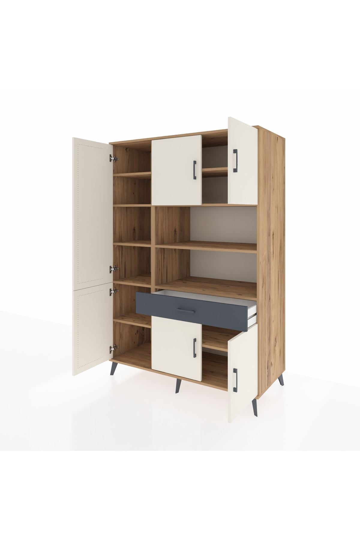 Kronos Dolap 10 Raflı Tek Çekmeceli 6 Kapaklı 132x59x195 Çam-Aytaşı/Antrasit