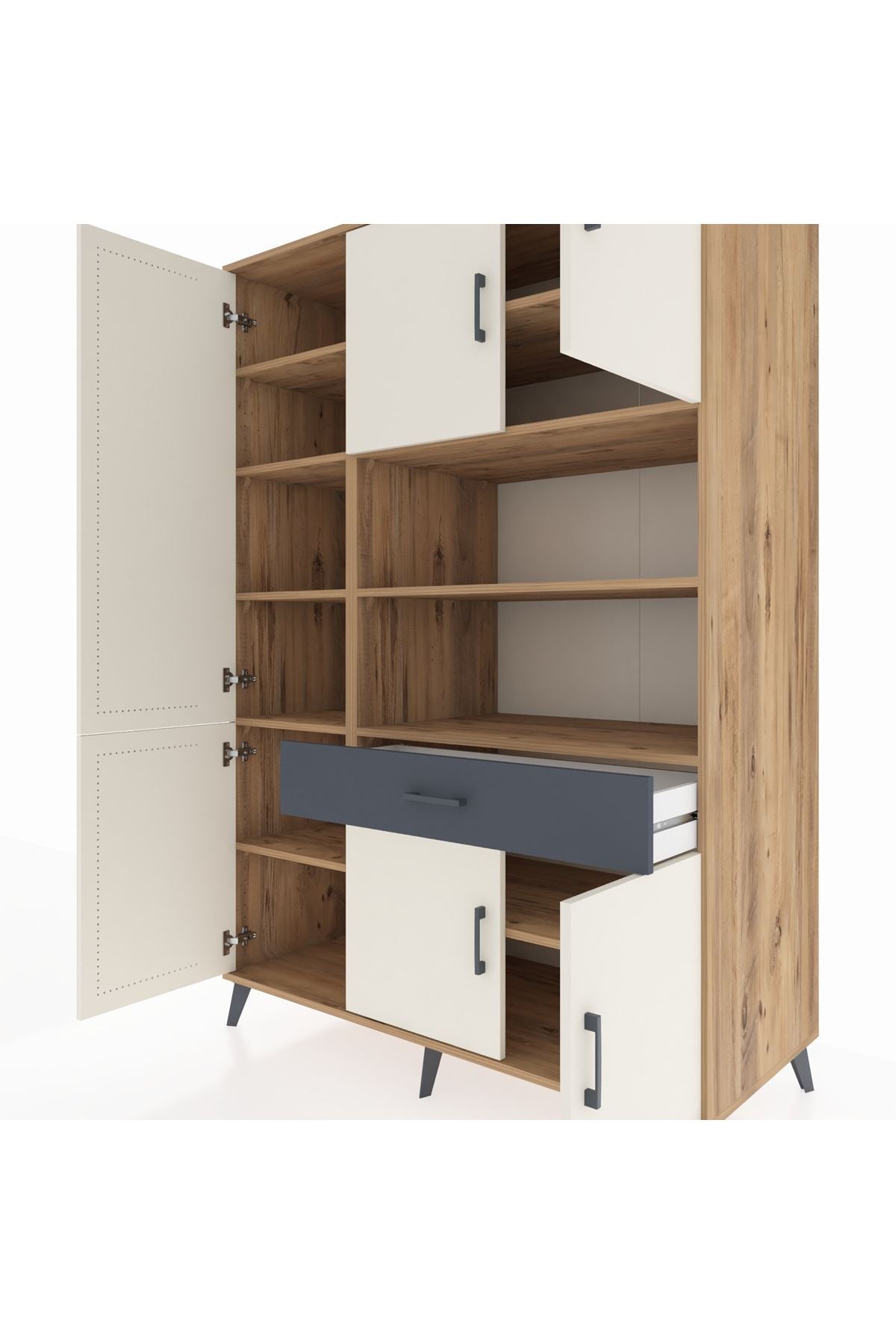 Kronos Dolap 10 Raflı Tek Çekmeceli 6 Kapaklı 132x59x195 Çam-Aytaşı/Antrasit