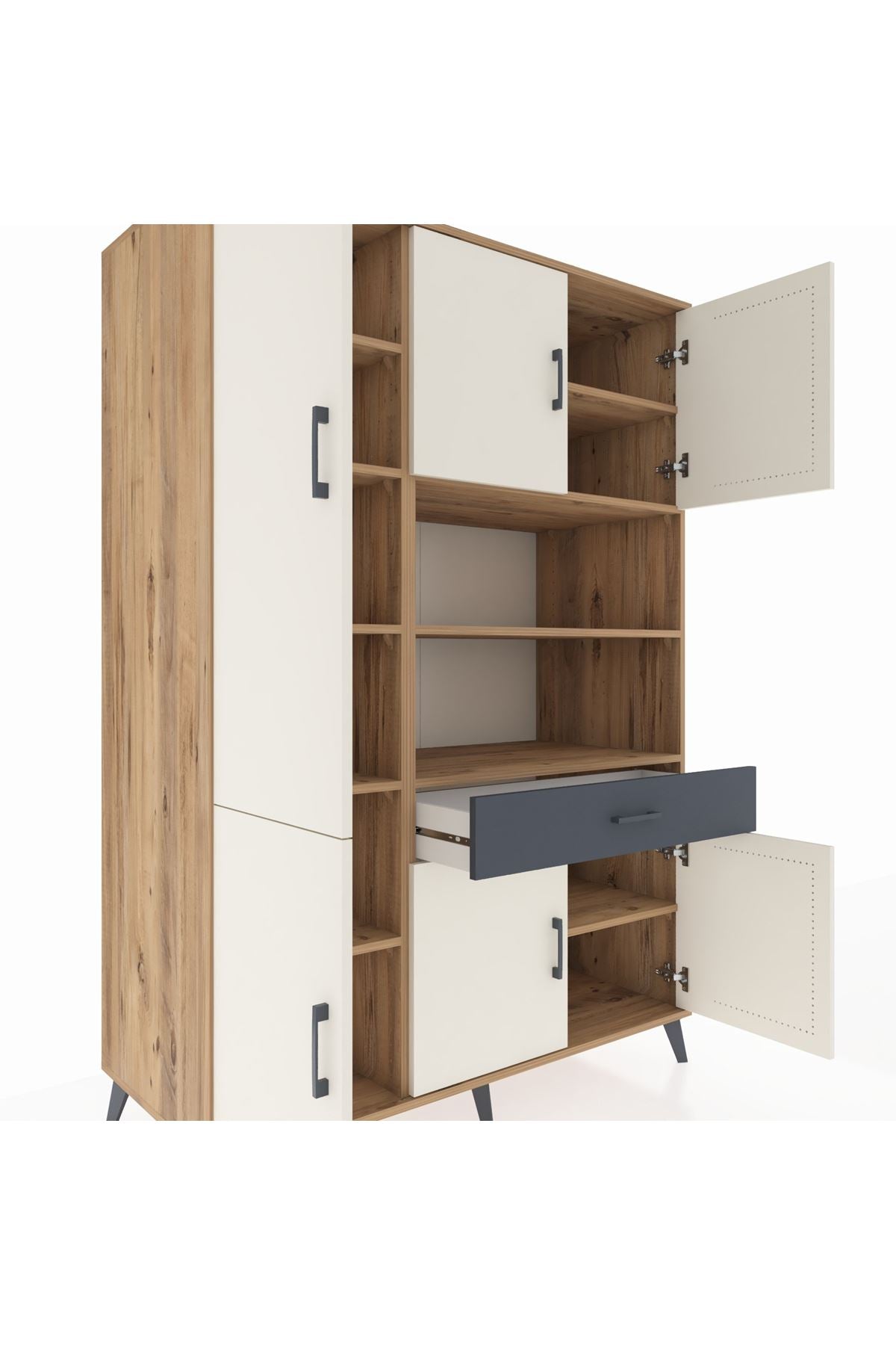 Kronos Dolap 10 Raflı Tek Çekmeceli 6 Kapaklı 132x59x195 Çam-Aytaşı/Antrasit