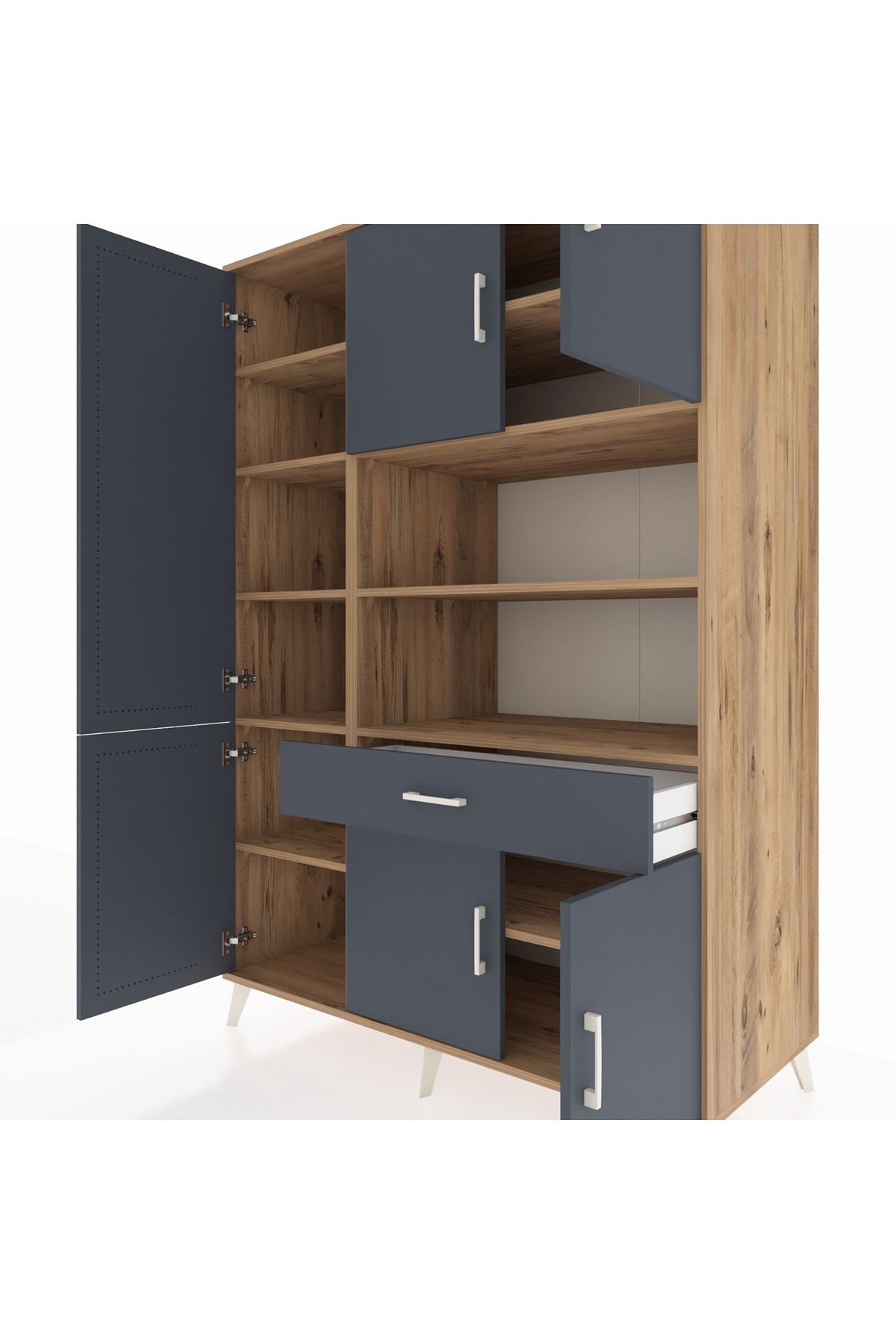 Kronos Dolap 10 Raflı Tek Çekmeceli 6 Kapaklı 132x59x195 Çam-Antrasit/Antrasit