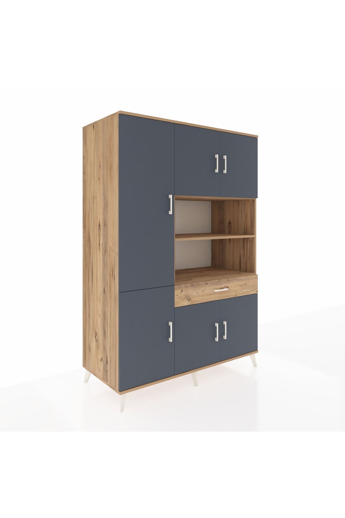 Kronos Dolap 10 Raflı Tek Çekmeceli 6 Kapaklı 132x59x195 Çam-Antrasit/Çam