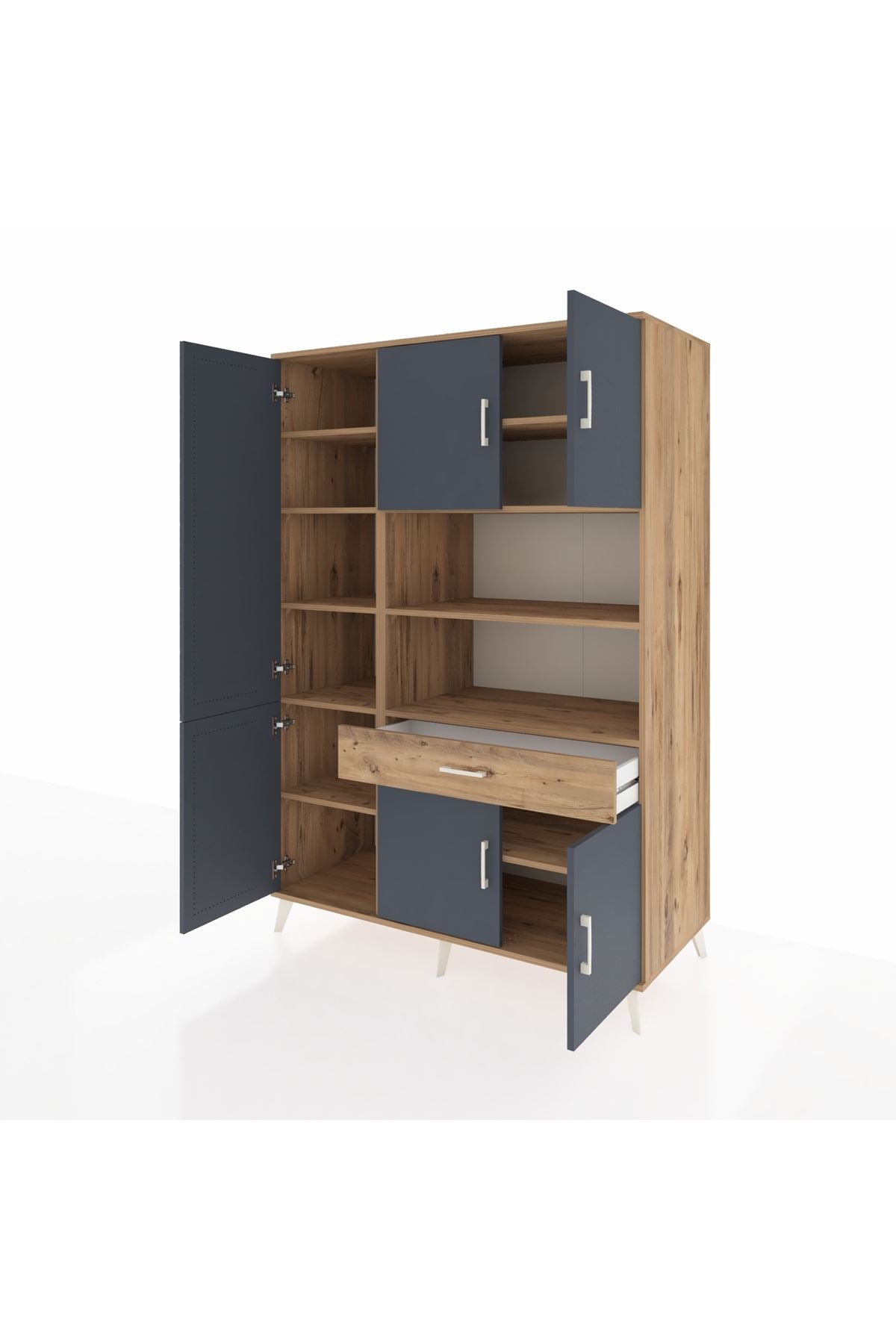 Kronos Dolap 10 Raflı Tek Çekmeceli 6 Kapaklı 132x59x195 Çam-Antrasit/Çam