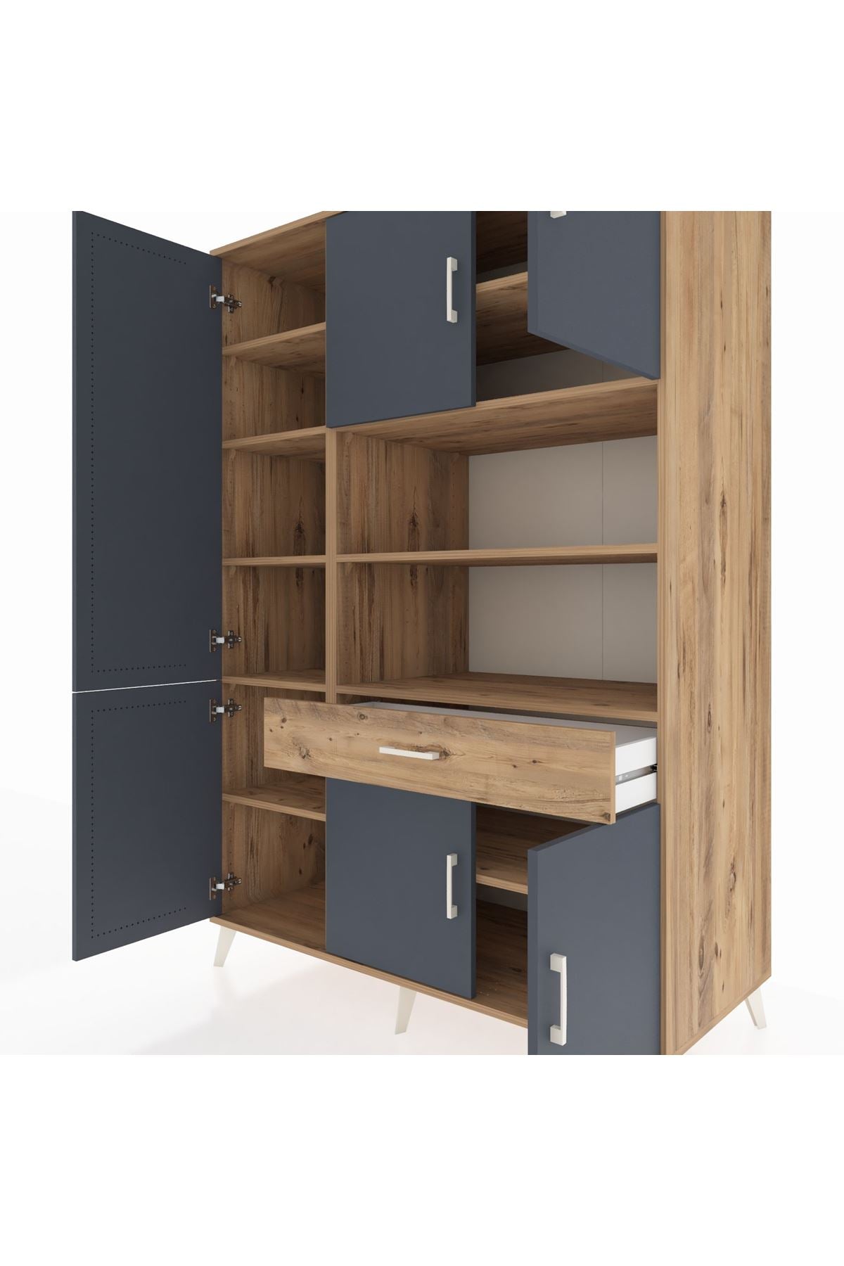 Kronos Dolap 10 Raflı Tek Çekmeceli 6 Kapaklı 132x59x195 Çam-Antrasit/Çam