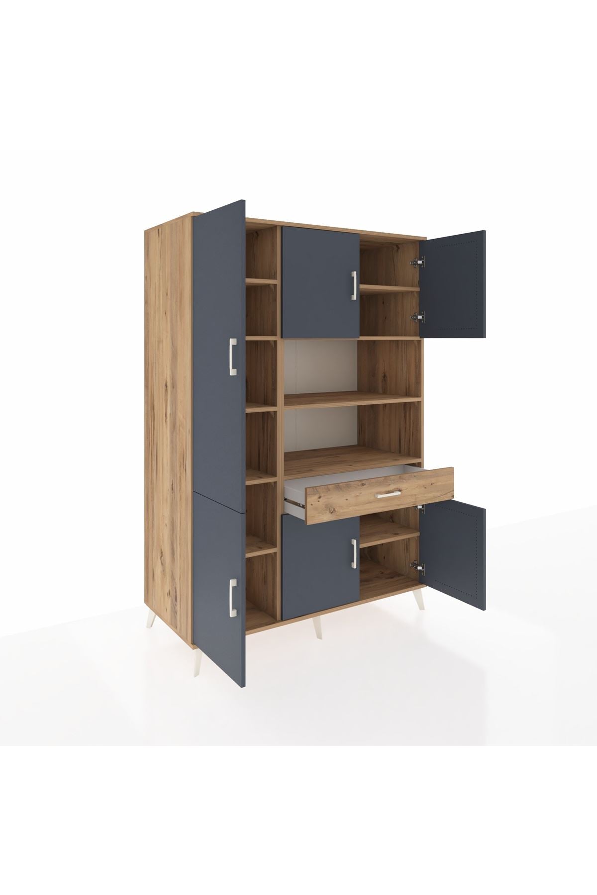 Kronos Dolap 10 Raflı Tek Çekmeceli 6 Kapaklı 132x59x195 Çam-Antrasit/Çam