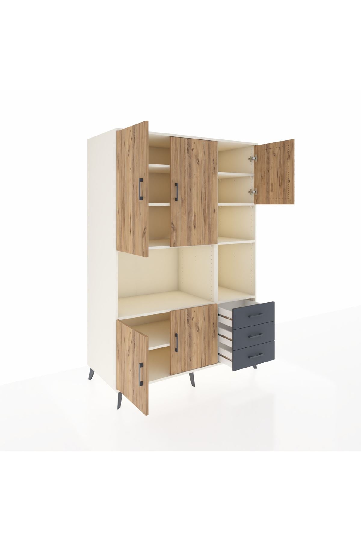 Kronos Dolap 9 Raflı 3 Çekmeceli 5 Kapaklı 132x59x195 Aytaşı-Çam/Antrasit