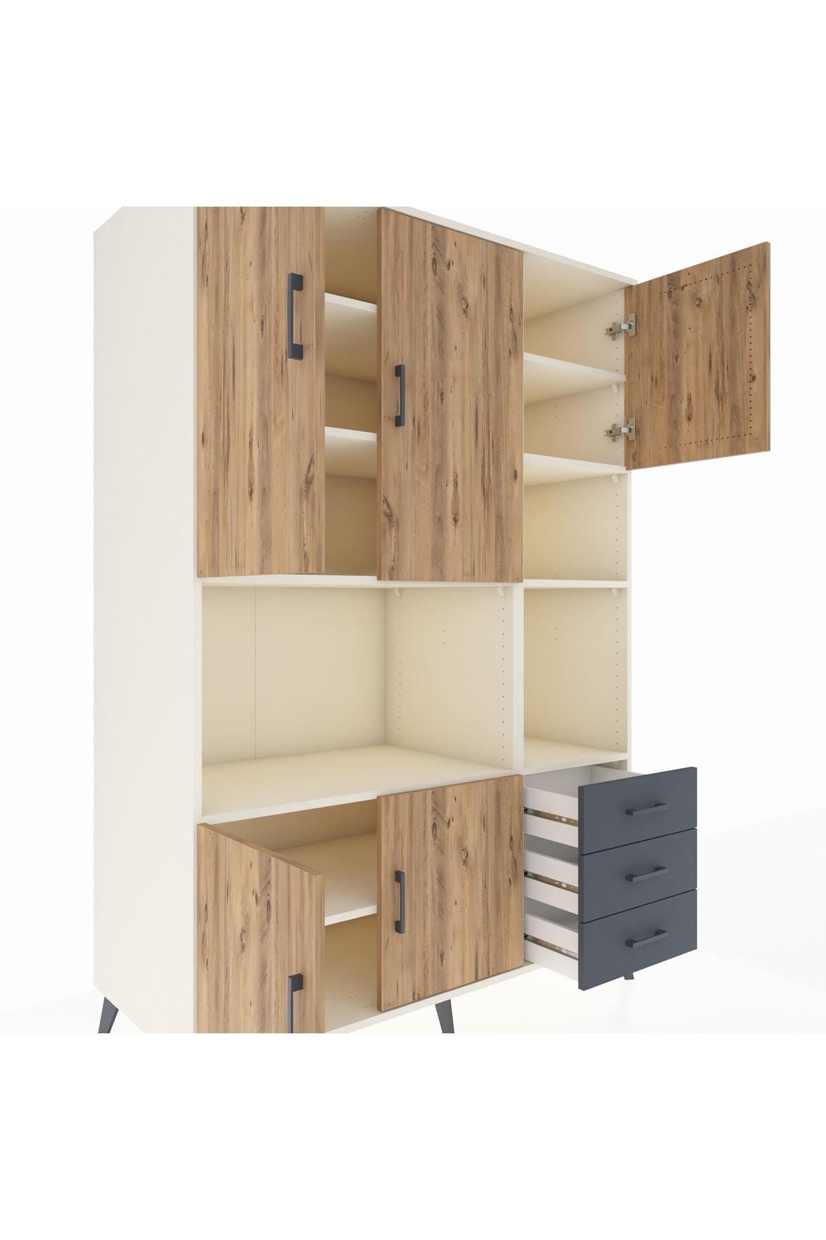 Kronos Dolap 9 Raflı 3 Çekmeceli 5 Kapaklı 132x59x195 Aytaşı-Çam/Antrasit