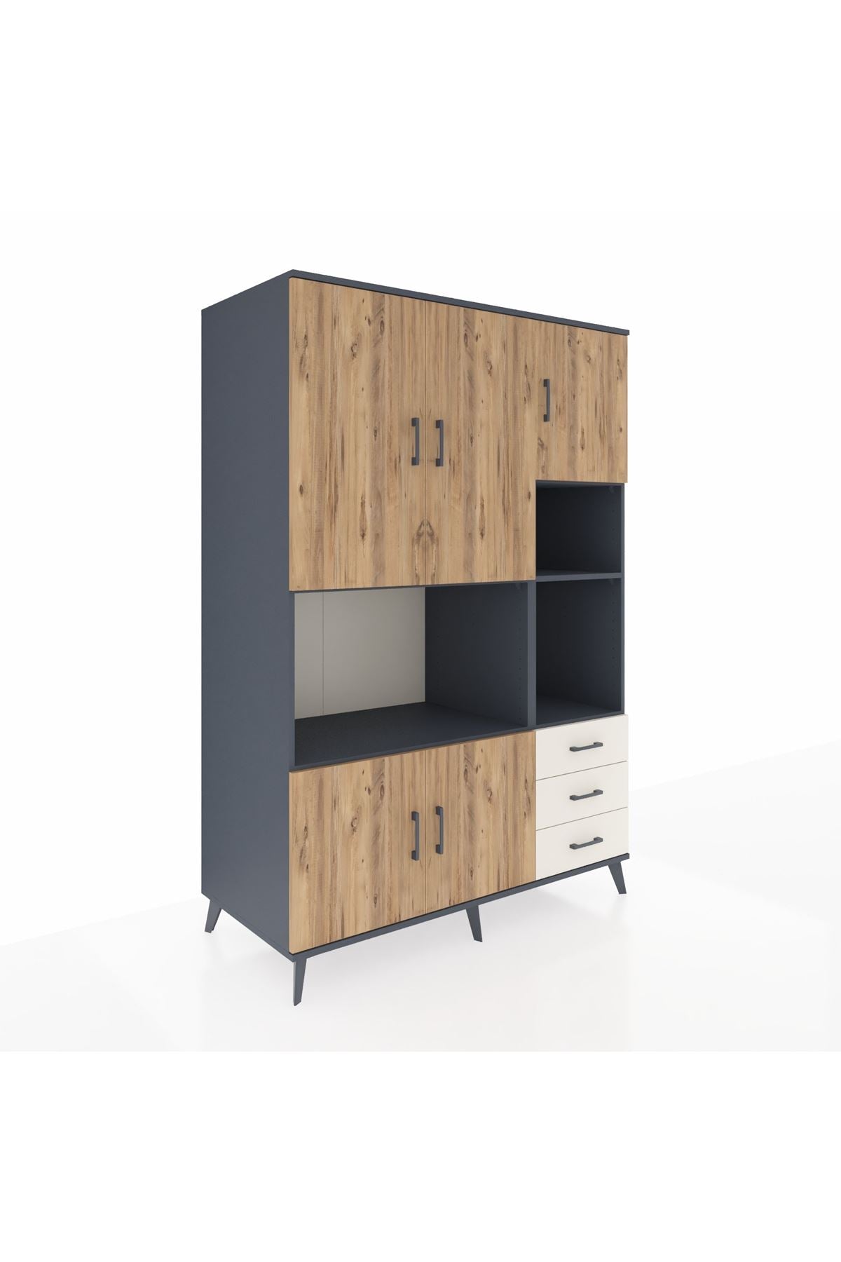 Kronos Dolap 9 Raflı 3 Çekmeceli 5 Kapaklı 132x59x195 Antrasit-Çam/Aytaşı