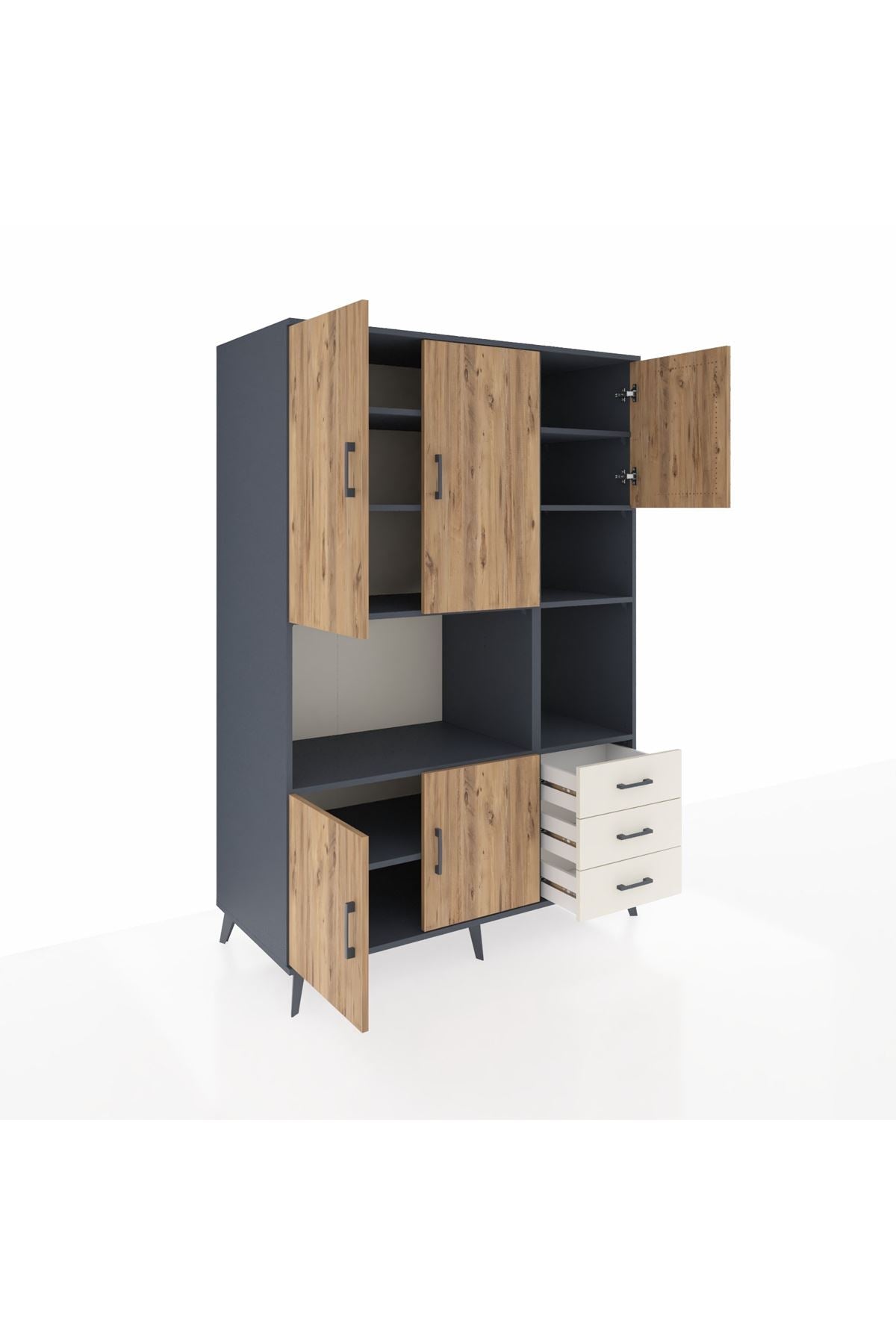 Kronos Dolap 9 Raflı 3 Çekmeceli 5 Kapaklı 132x59x195 Antrasit-Çam/Aytaşı