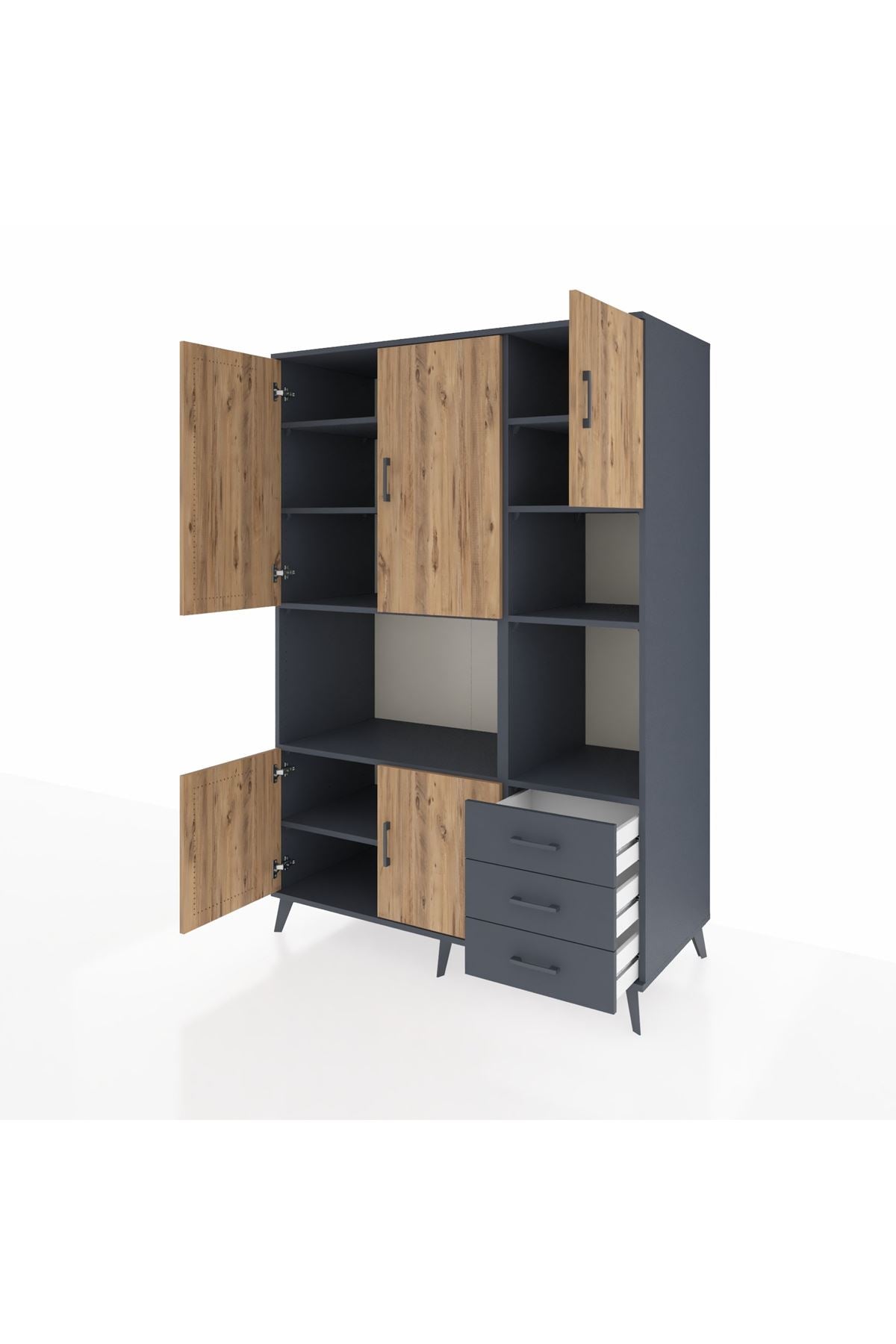 Kronos Dolap 9 Raflı 3 Çekmeceli 5 Kapaklı 132x59x195 Antrasit-Çam/Antrasit