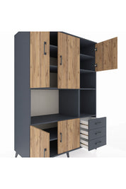 Kronos Dolap 9 Raflı 3 Çekmeceli 5 Kapaklı 132x59x195 Antrasit-Çam/Antrasit