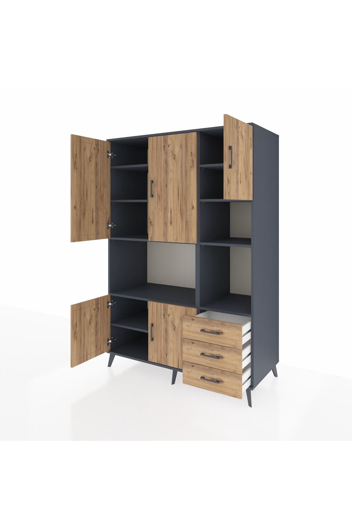 Kronos Dolap 9 Raflı 3 Çekmeceli 5 Kapaklı 132x59x195 Antrasit-Çam/Çam