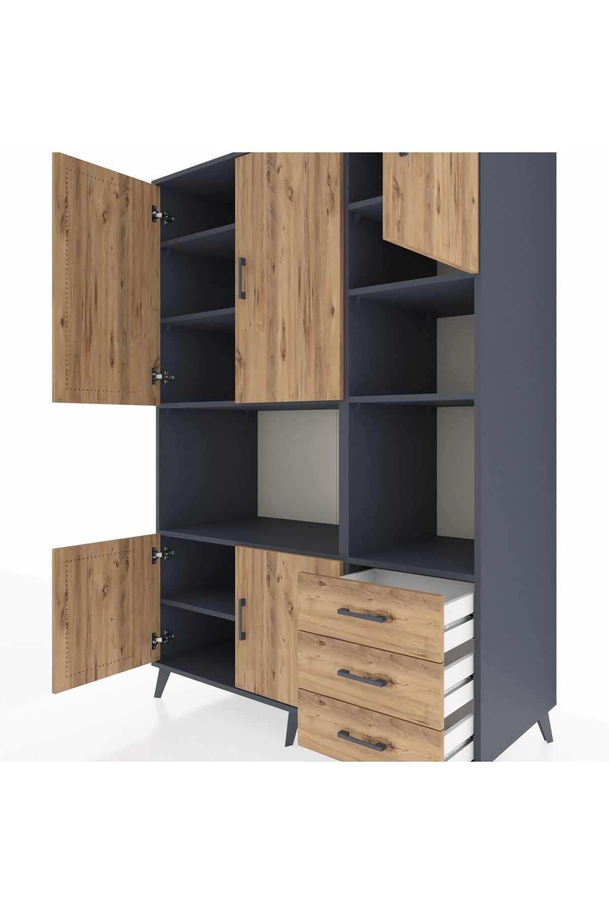 Kronos Dolap 9 Raflı 3 Çekmeceli 5 Kapaklı 132x59x195 Antrasit-Çam/Çam