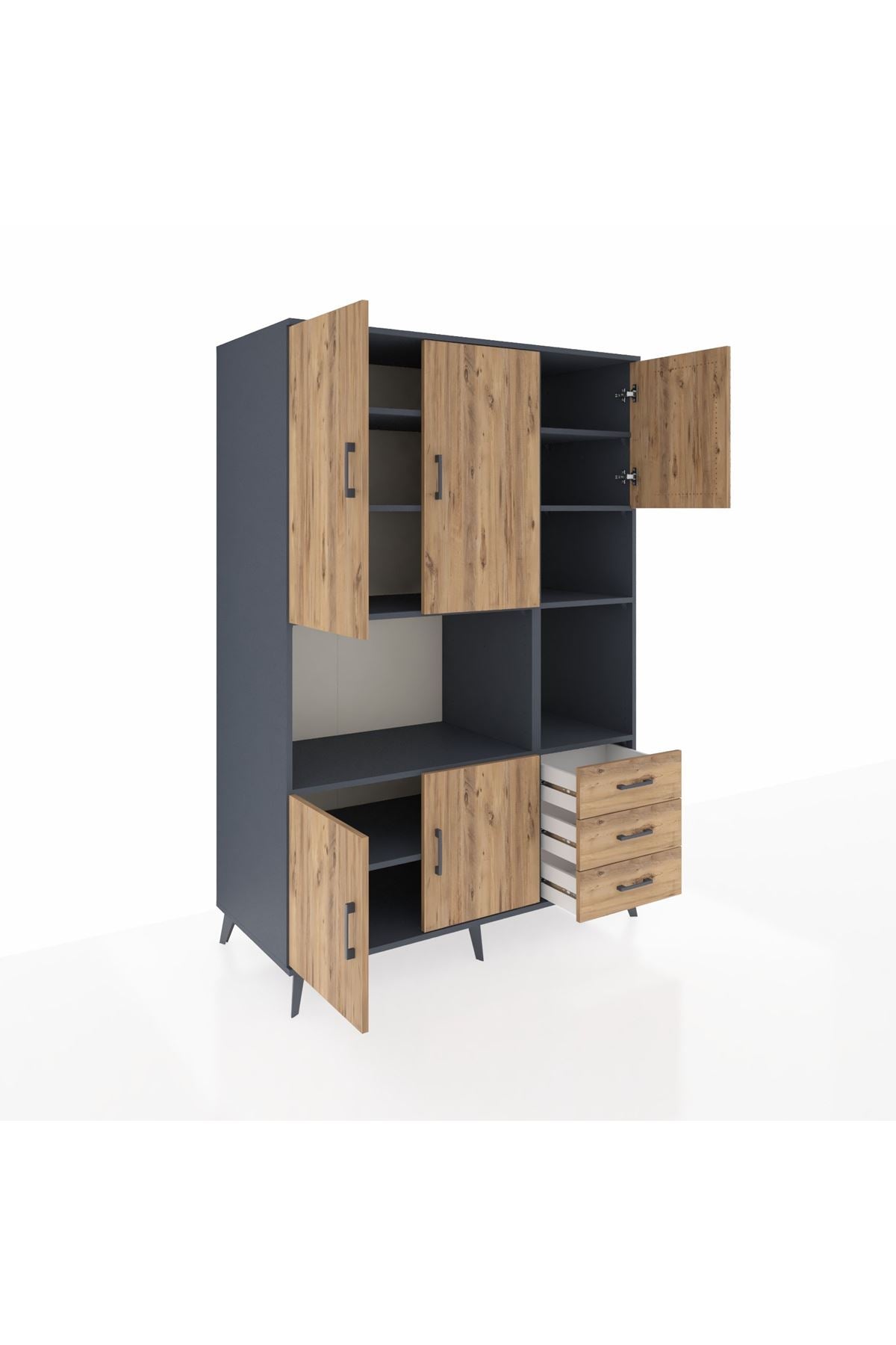 Kronos Dolap 9 Raflı 3 Çekmeceli 5 Kapaklı 132x59x195 Antrasit-Çam/Çam