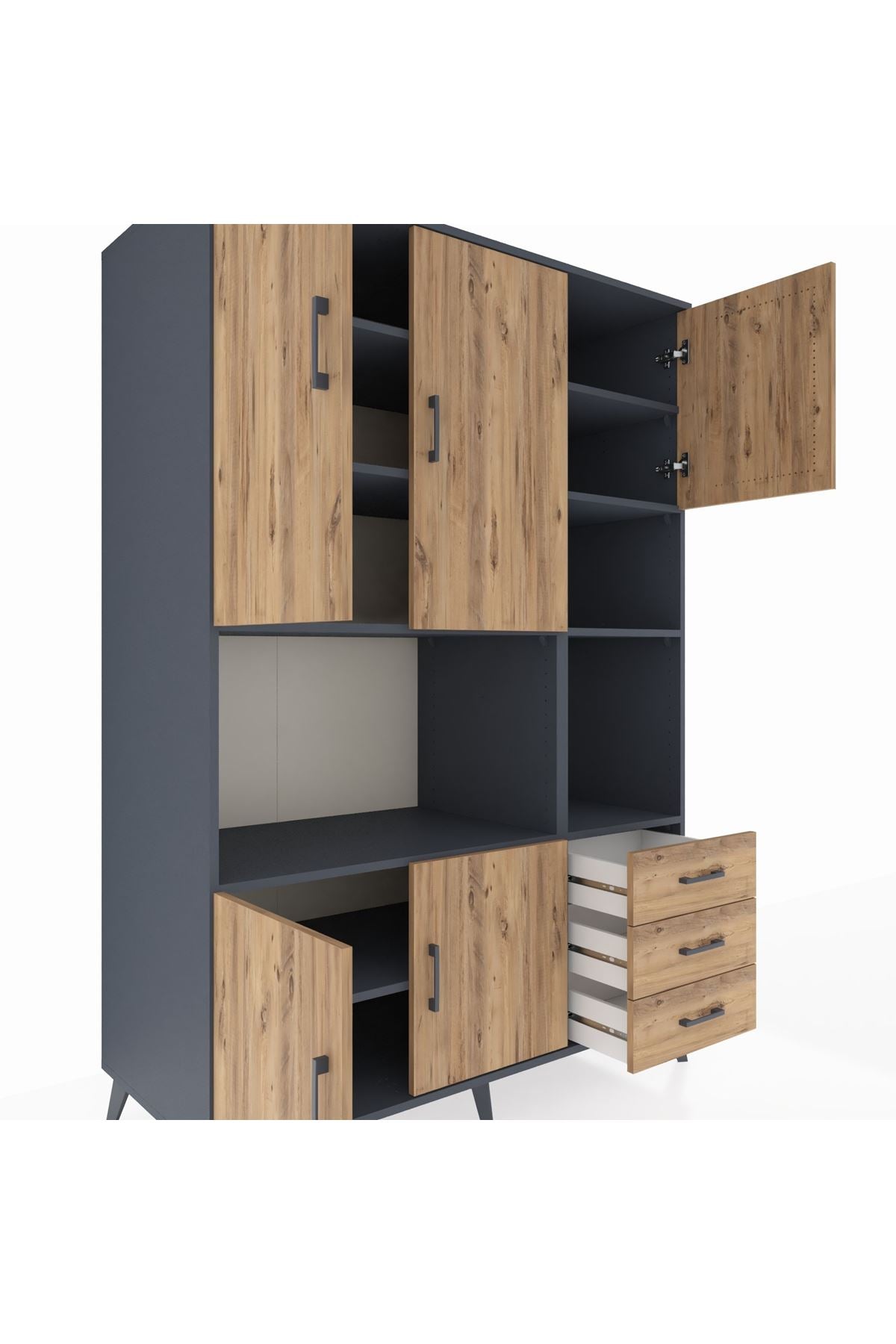 Kronos Dolap 9 Raflı 3 Çekmeceli 5 Kapaklı 132x59x195 Antrasit-Çam/Çam