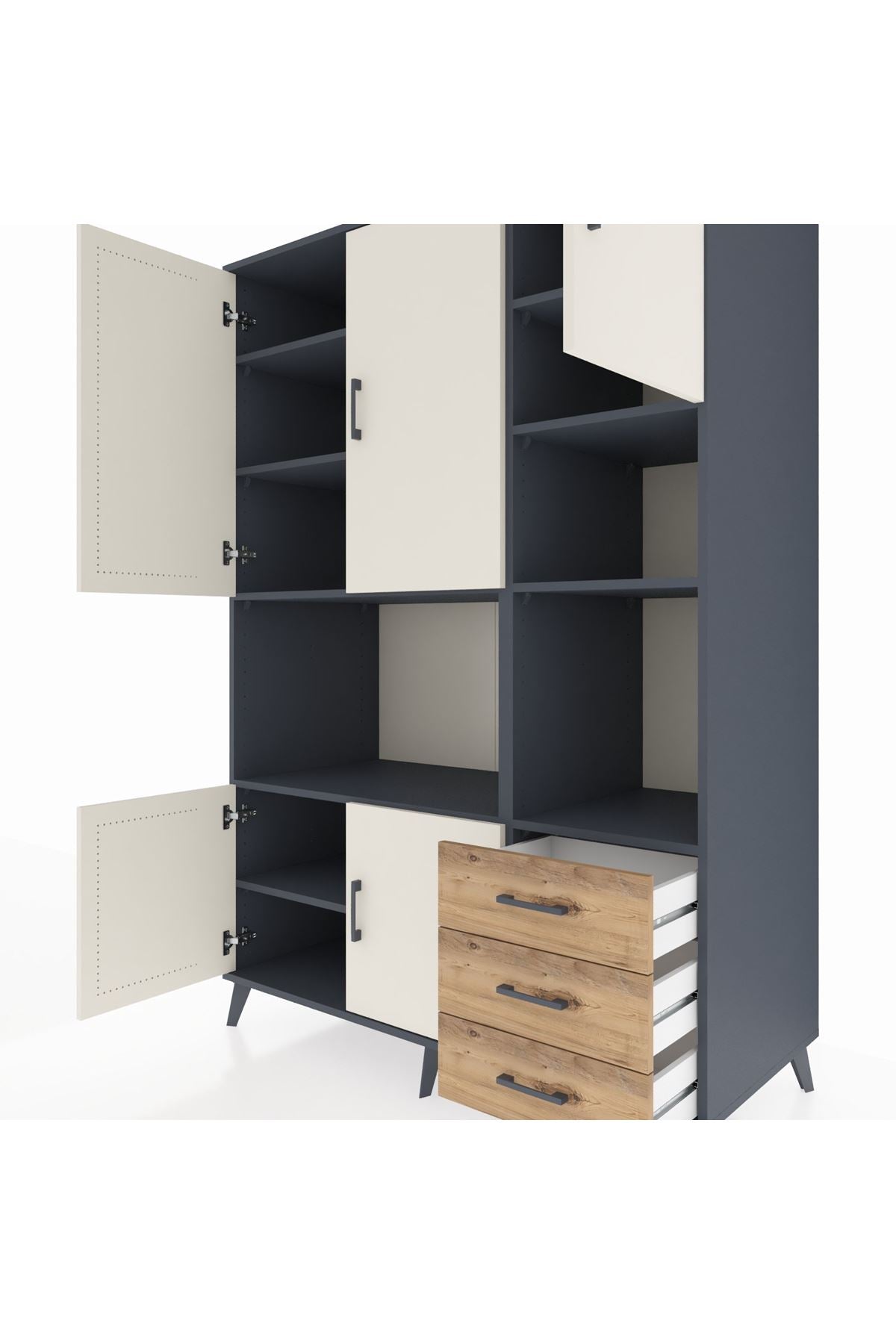 Kronos Dolap 9 Raflı 3 Çekmeceli 5 Kapaklı 132x59x195 Antrasit-Aytaşı/Çam