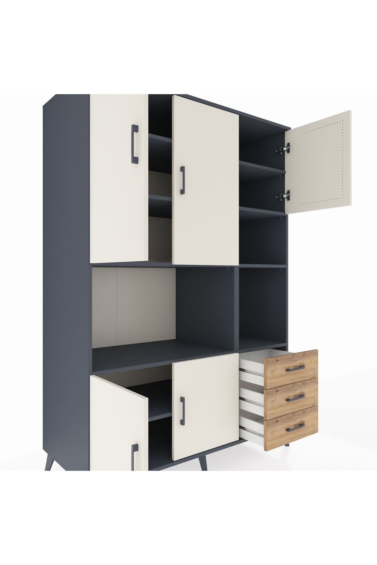 Kronos Dolap 9 Raflı 3 Çekmeceli 5 Kapaklı 132x59x195 Antrasit-Aytaşı/Çam