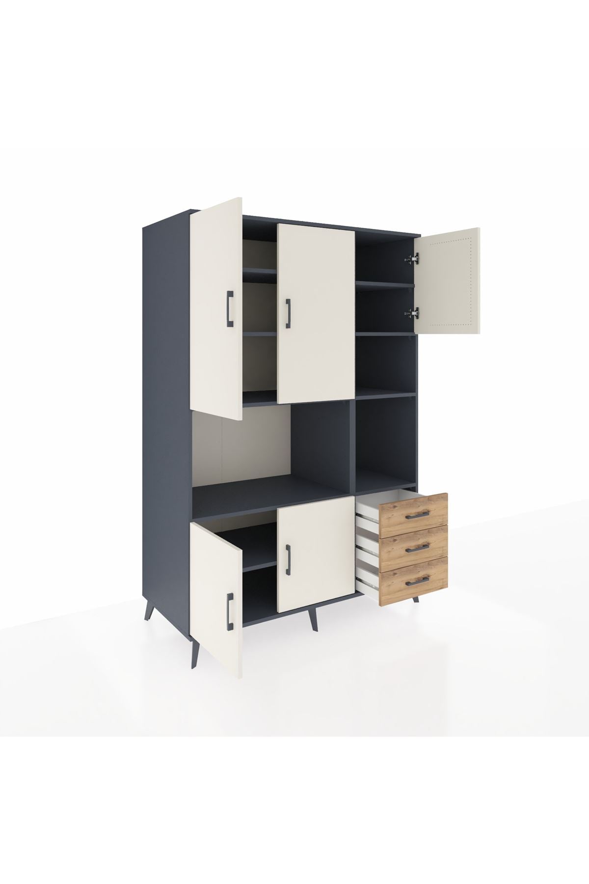 Kronos Dolap 9 Raflı 3 Çekmeceli 5 Kapaklı 132x59x195 Antrasit-Aytaşı/Çam