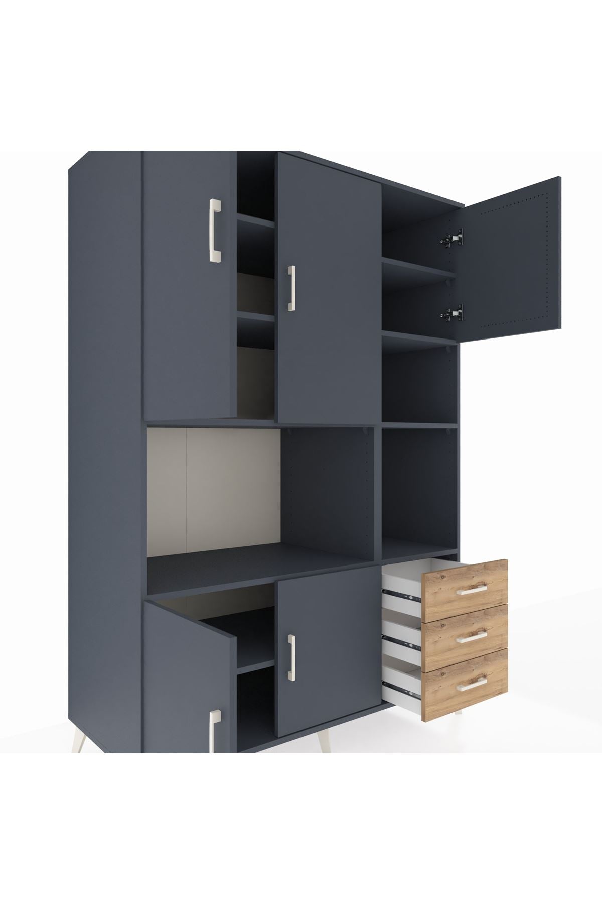 Kronos Dolap 9 Raflı 3 Çekmeceli 5 Kapaklı 132x59x195 Antrasit-Antrasit/Çam