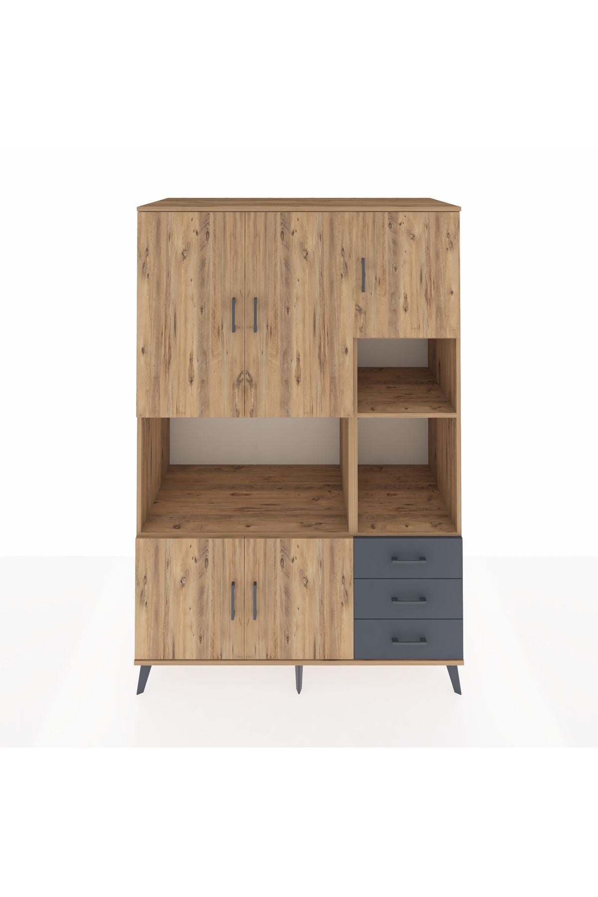 Kronos Dolap 9 Raflı 3 Çekmeceli 5 Kapaklı 132x59x195 Çam-Çam/Antrasit