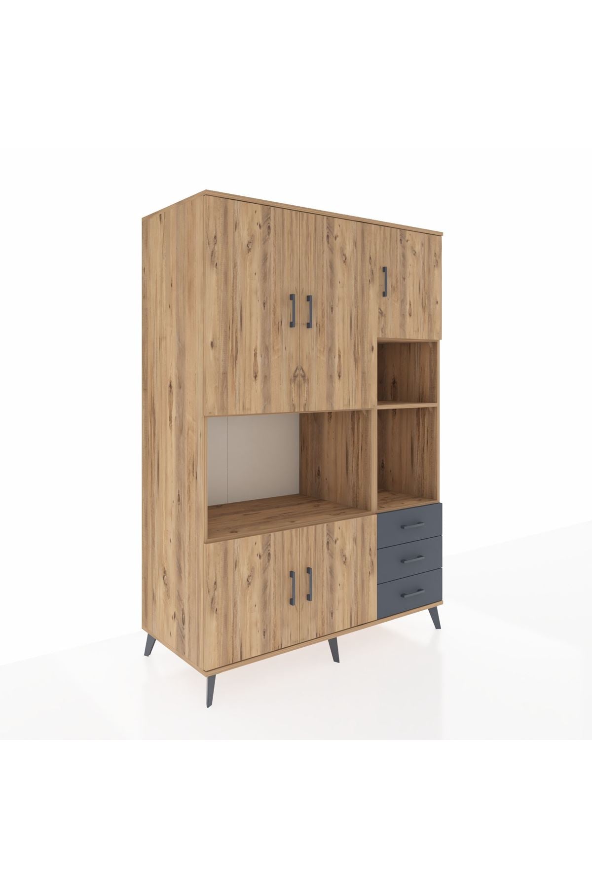 Kronos Dolap 9 Raflı 3 Çekmeceli 5 Kapaklı 132x59x195 Çam-Çam/Antrasit