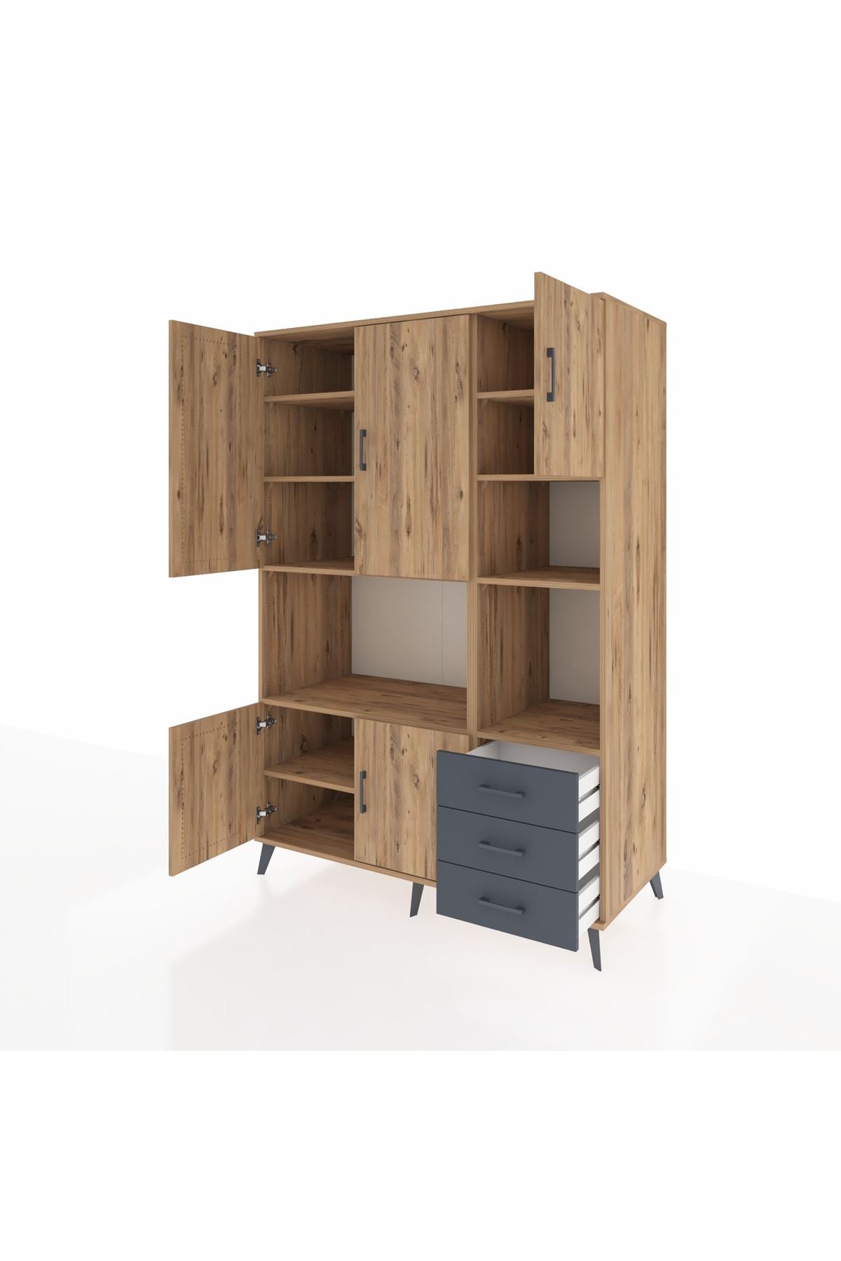 Kronos Dolap 9 Raflı 3 Çekmeceli 5 Kapaklı 132x59x195 Çam-Çam/Antrasit