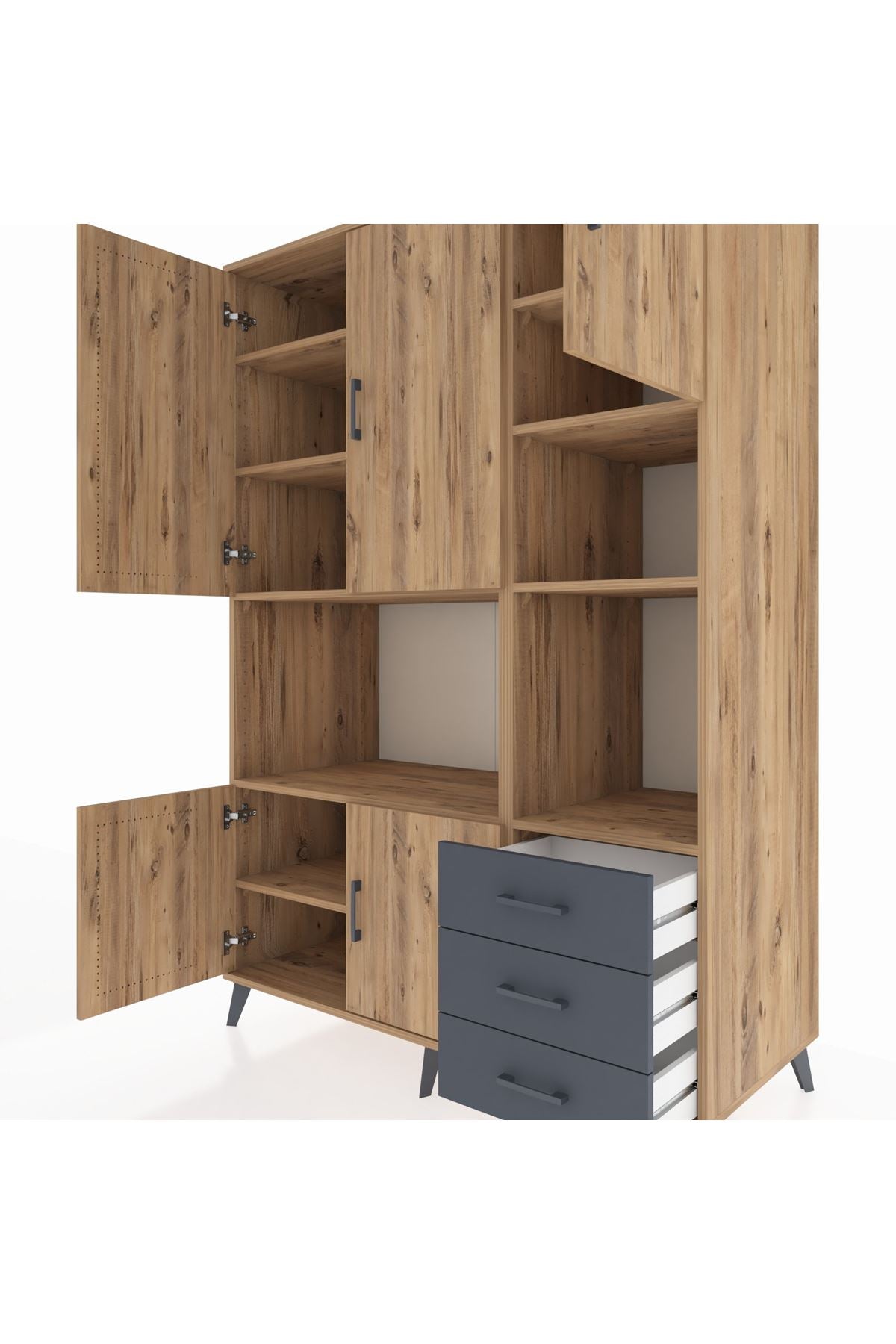 Kronos Dolap 9 Raflı 3 Çekmeceli 5 Kapaklı 132x59x195 Çam-Çam/Antrasit