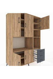 Kronos Dolap 9 Raflı 3 Çekmeceli 5 Kapaklı 132x59x195 Çam-Çam/Antrasit