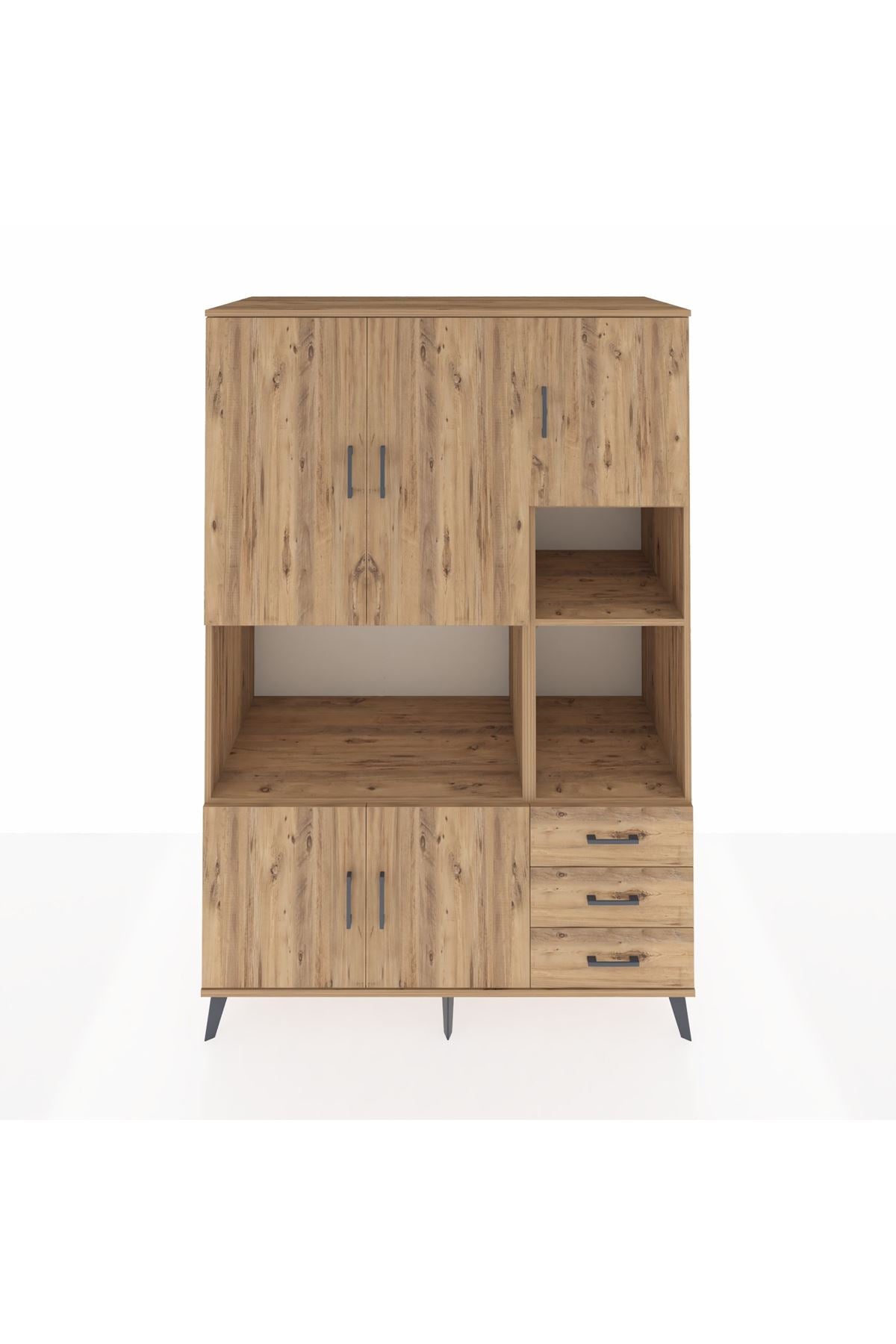 Kronos Dolap 9 Raflı 3 Çekmeceli 5 Kapaklı 132x59x195 Çam-Çam/Çam