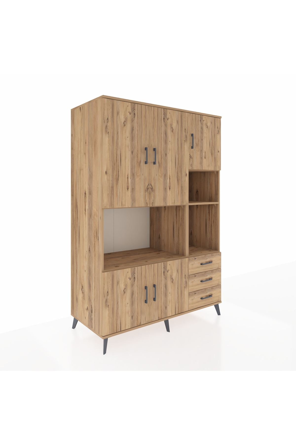 Kronos Dolap 9 Raflı 3 Çekmeceli 5 Kapaklı 132x59x195 Çam-Çam/Çam