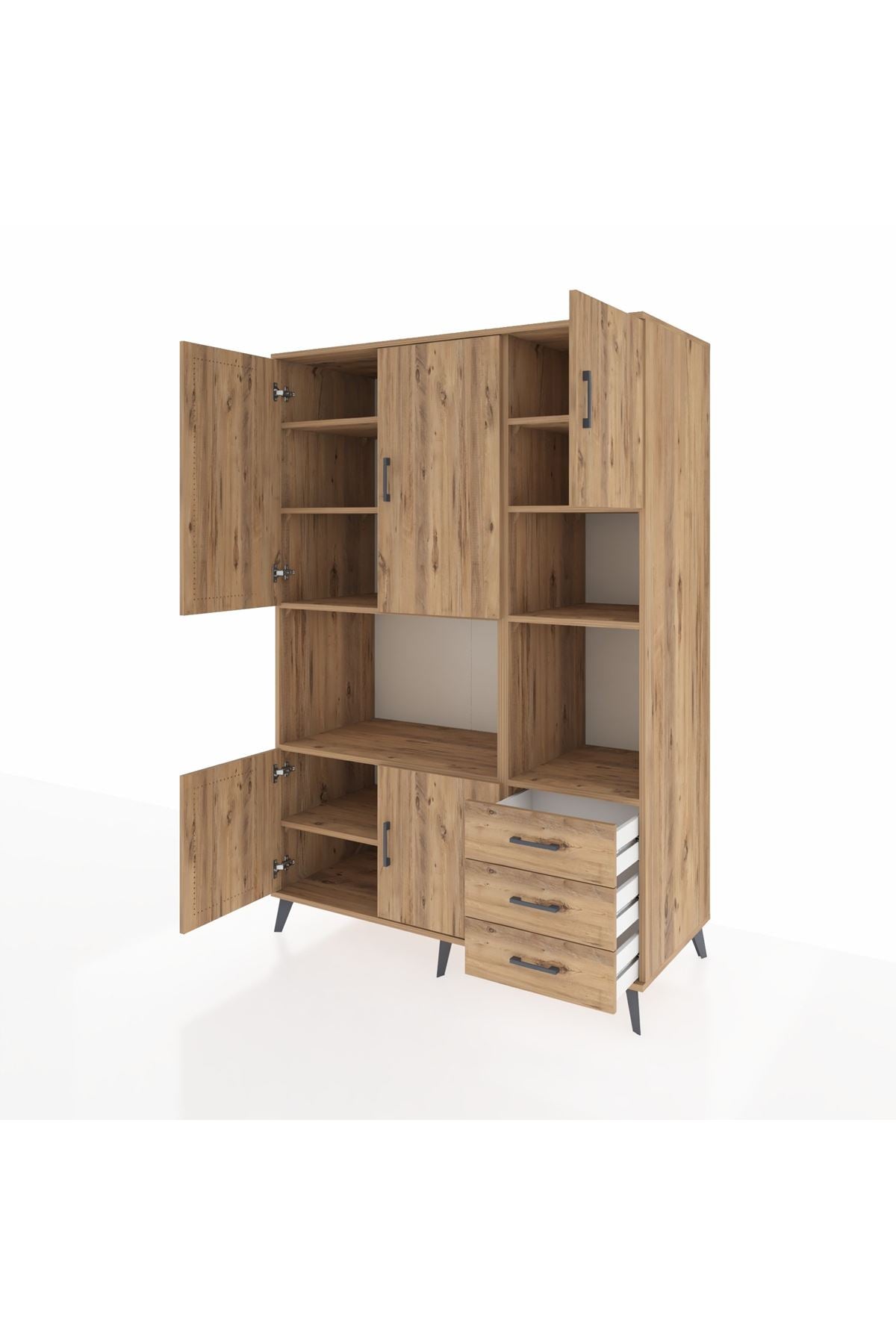 Kronos Dolap 9 Raflı 3 Çekmeceli 5 Kapaklı 132x59x195 Çam-Çam/Çam