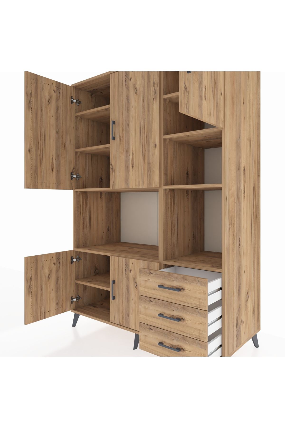 Kronos Dolap 9 Raflı 3 Çekmeceli 5 Kapaklı 132x59x195 Çam-Çam/Çam