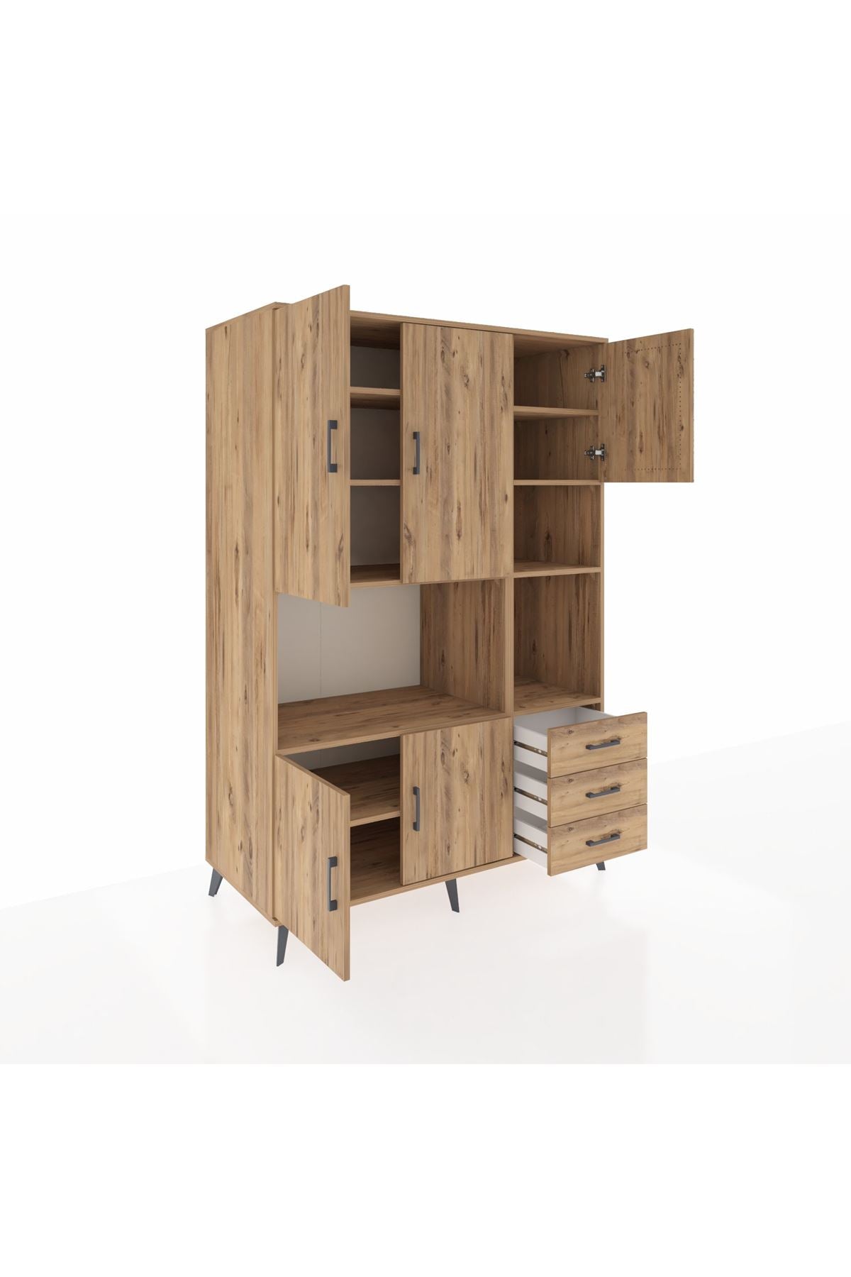 Kronos Dolap 9 Raflı 3 Çekmeceli 5 Kapaklı 132x59x195 Çam-Çam/Çam