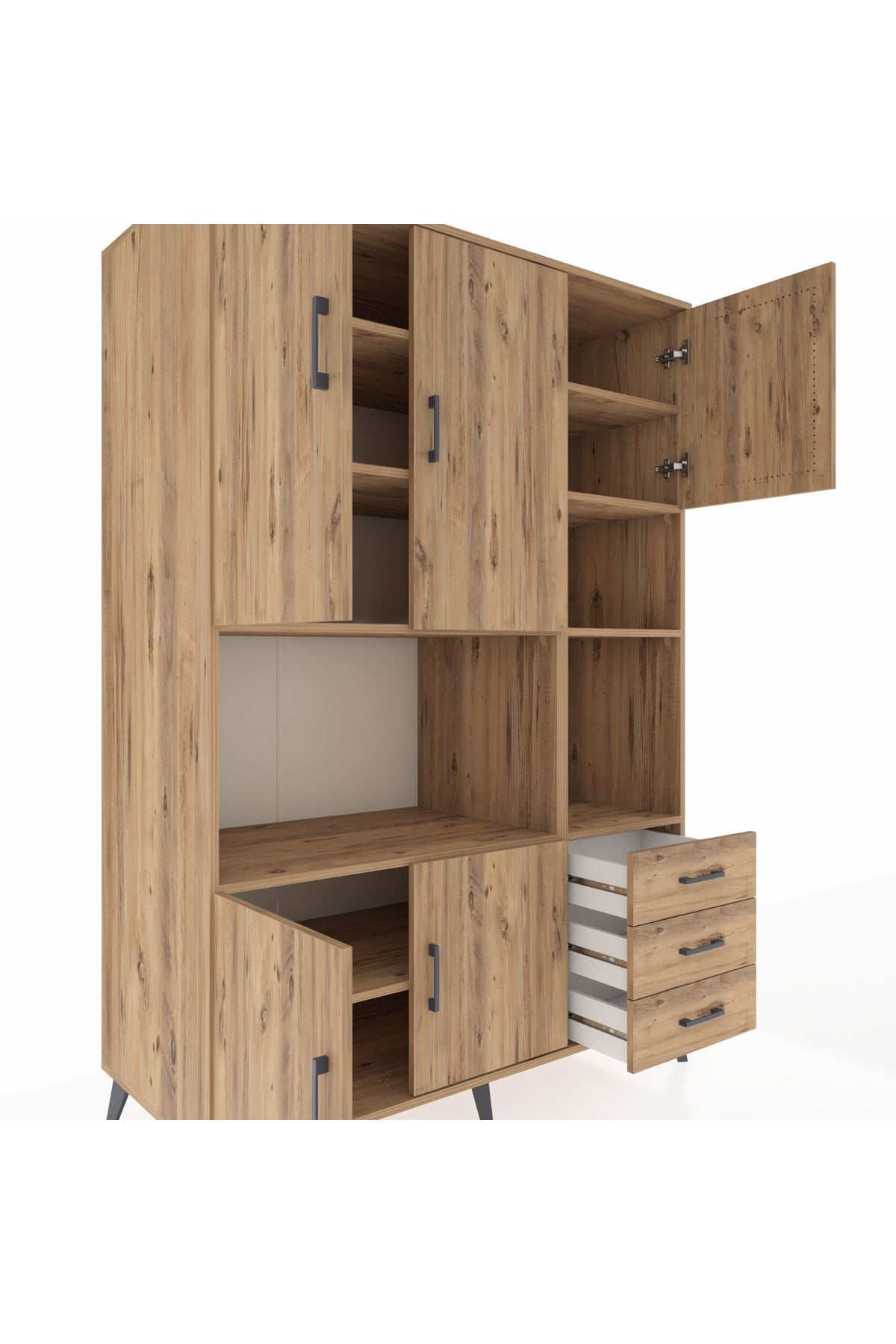 Kronos Dolap 9 Raflı 3 Çekmeceli 5 Kapaklı 132x59x195 Çam-Çam/Çam