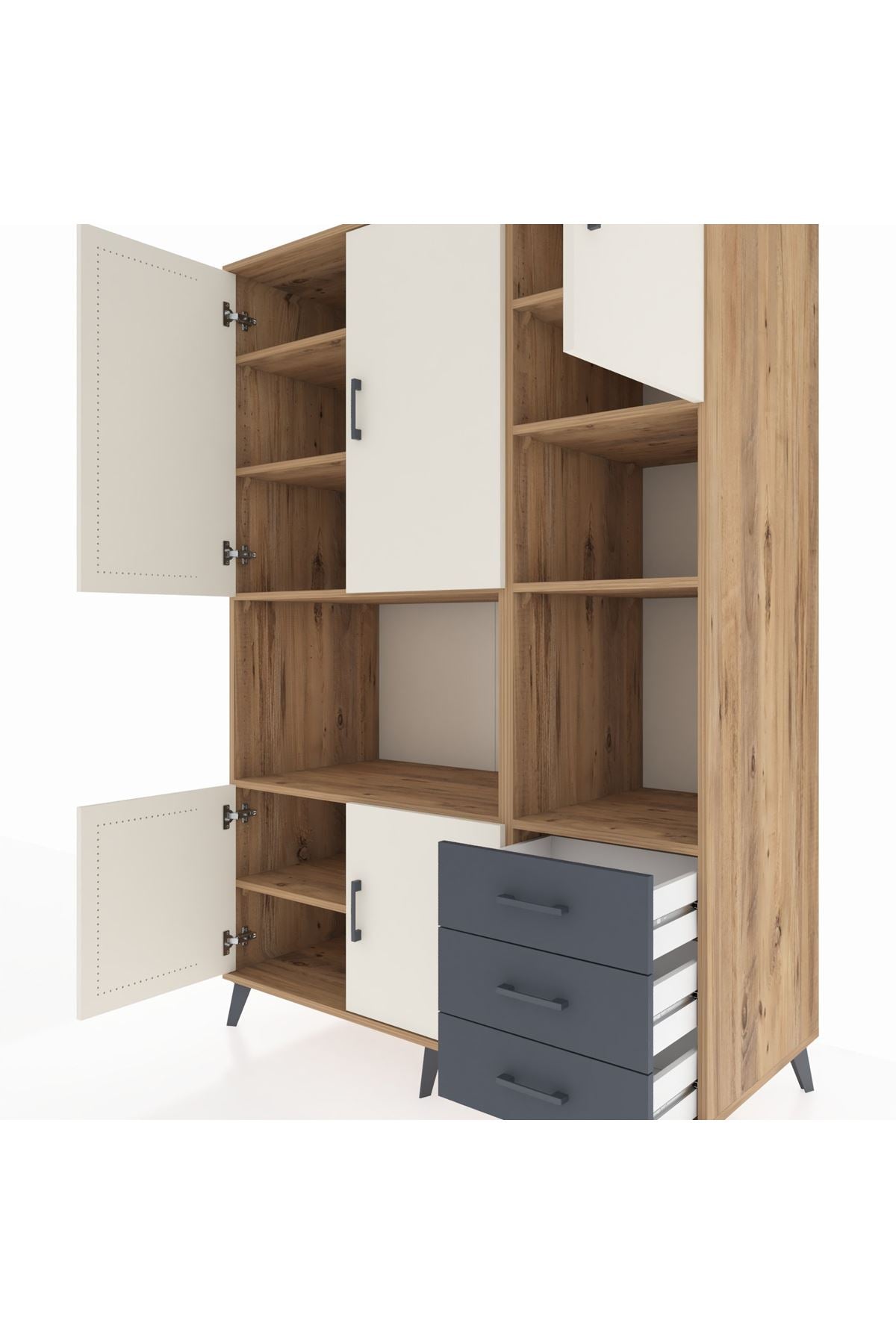 Kronos Dolap 9 Raflı 3 Çekmeceli 5 Kapaklı 132x59x195 Çam-Aytaşı/Antrasit