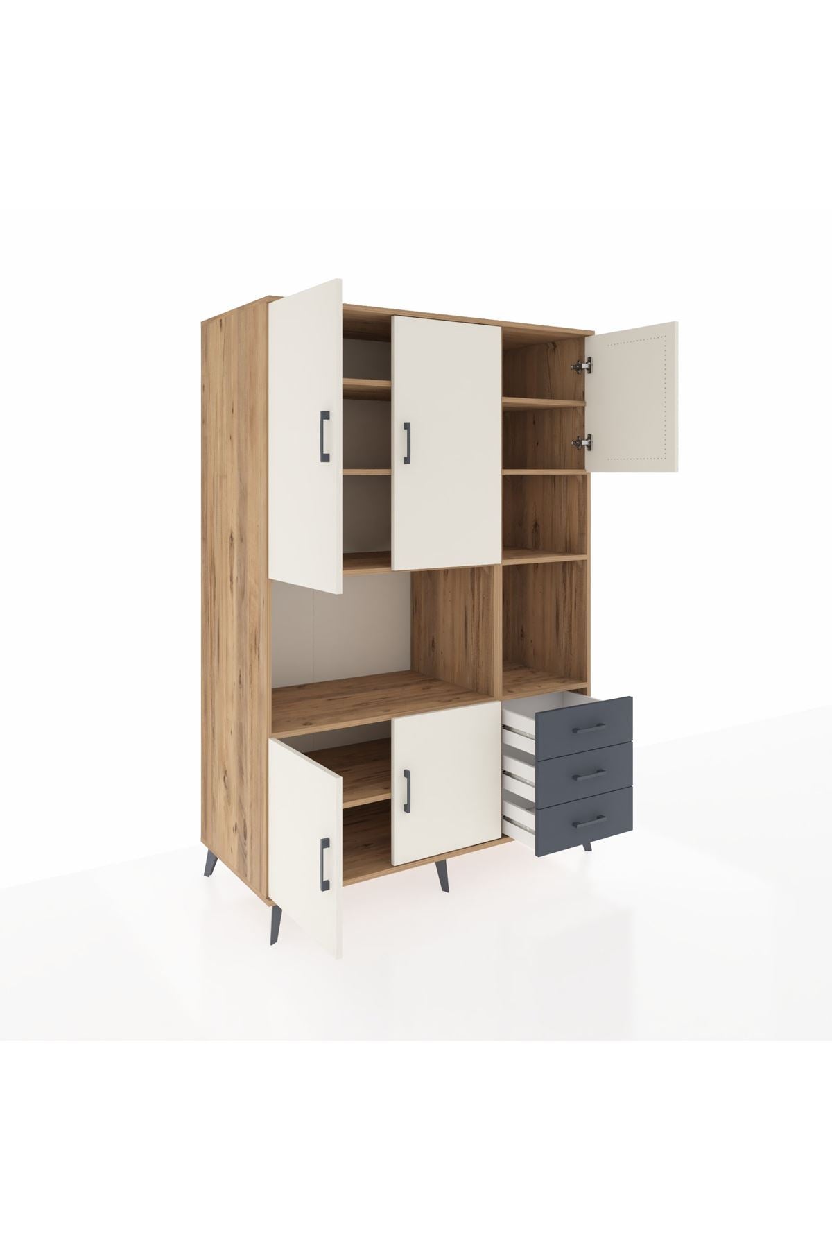 Kronos Dolap 9 Raflı 3 Çekmeceli 5 Kapaklı 132x59x195 Çam-Aytaşı/Antrasit