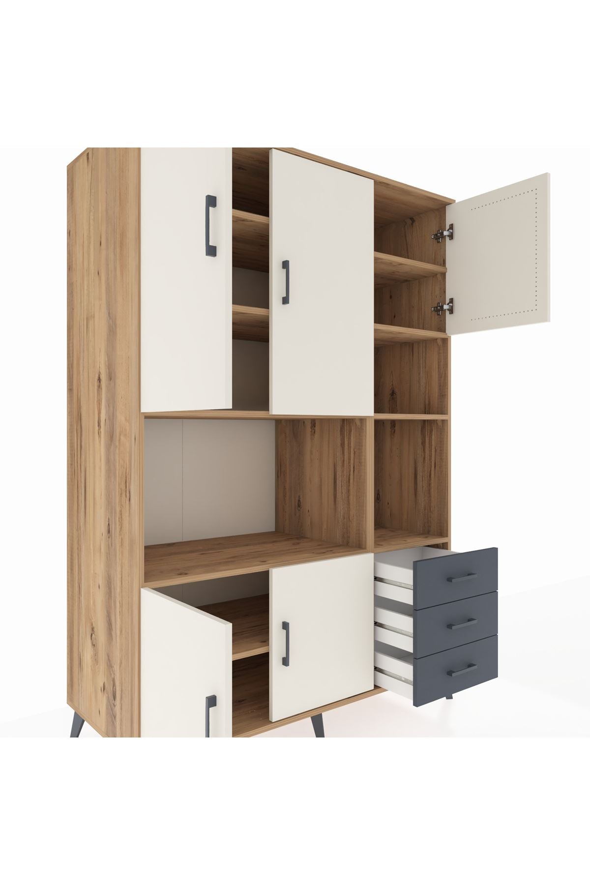 Kronos Dolap 9 Raflı 3 Çekmeceli 5 Kapaklı 132x59x195 Çam-Aytaşı/Antrasit