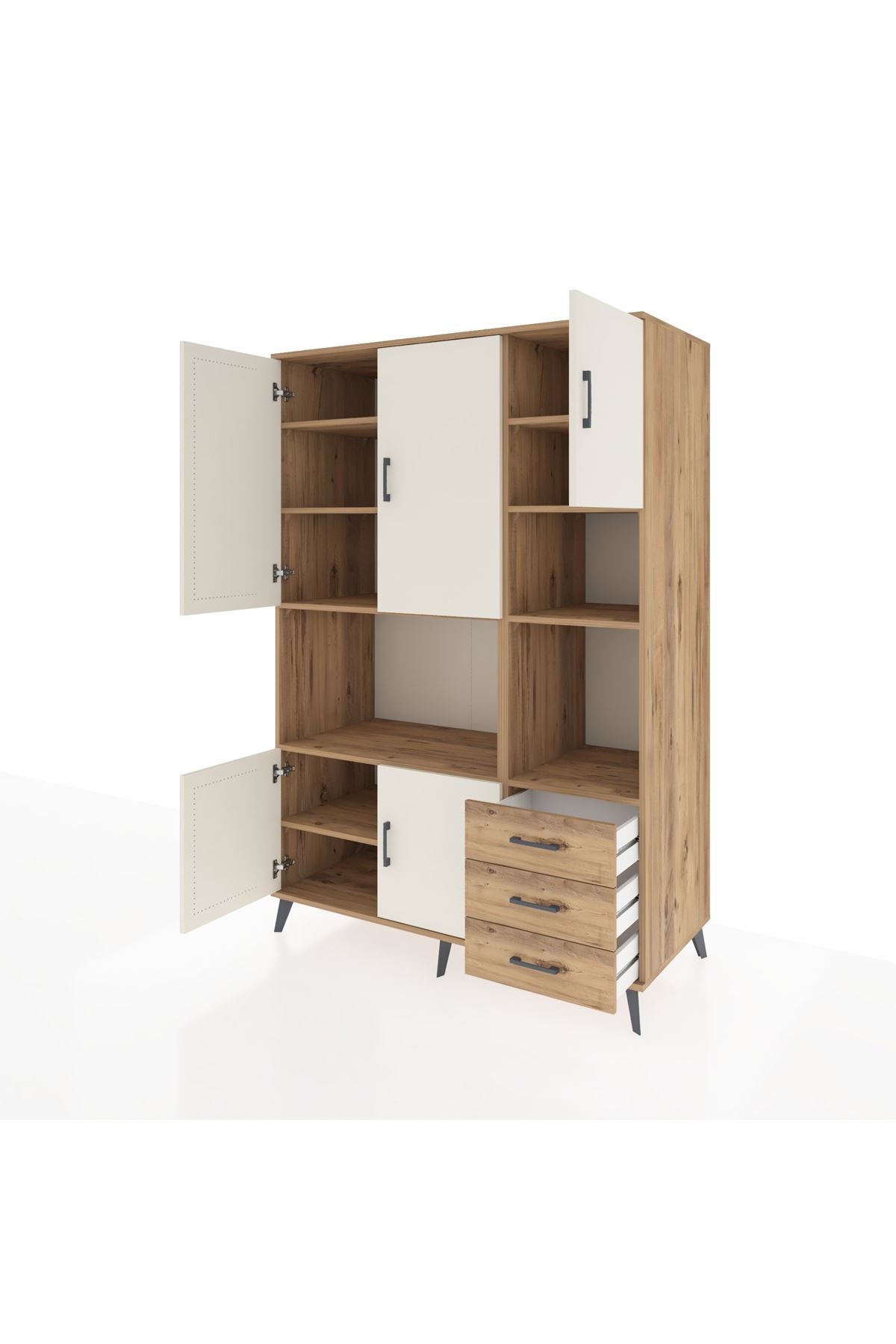 Kronos Dolap 9 Raflı 3 Çekmeceli 5 Kapaklı 132x59x195 Çam-Aytaşı/Çam
