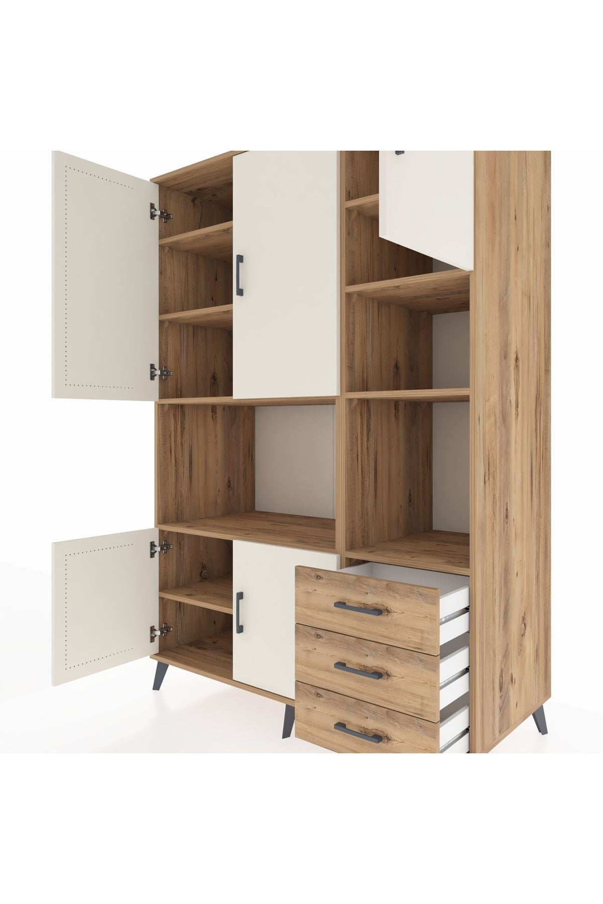 Kronos Dolap 9 Raflı 3 Çekmeceli 5 Kapaklı 132x59x195 Çam-Aytaşı/Çam