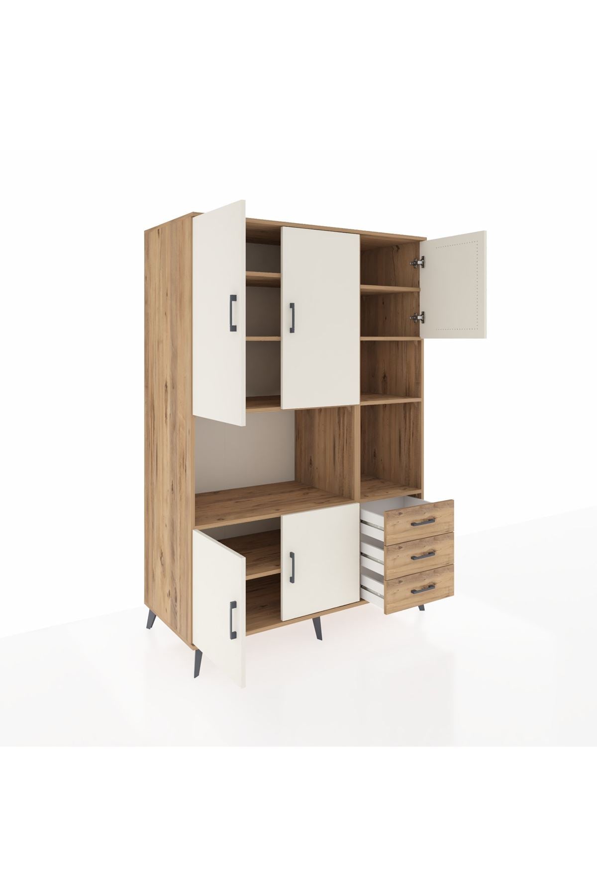 Kronos Dolap 9 Raflı 3 Çekmeceli 5 Kapaklı 132x59x195 Çam-Aytaşı/Çam