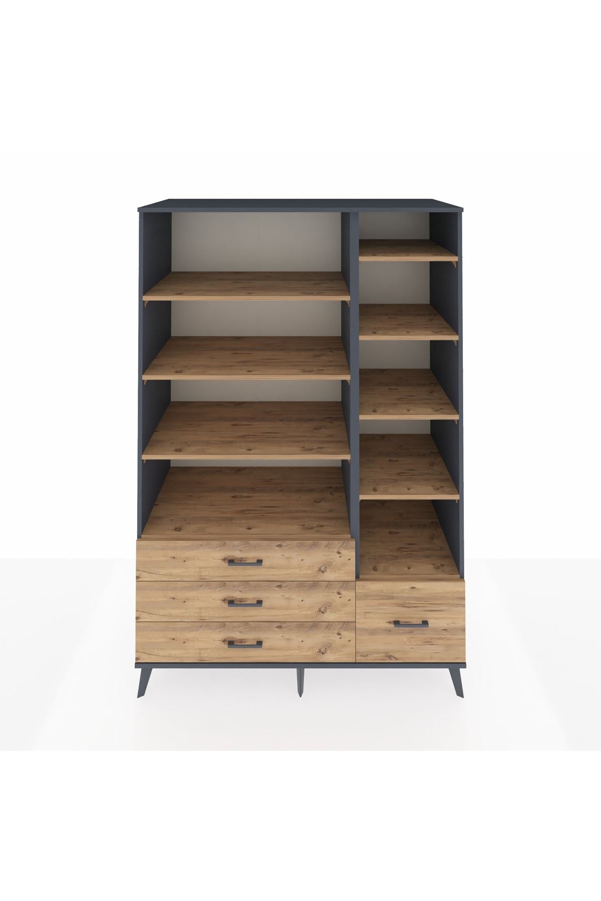 Kronos Dolap 9 Raflı 4 Çekmeceli 132x59x195 Antrasit-Çam/Çam